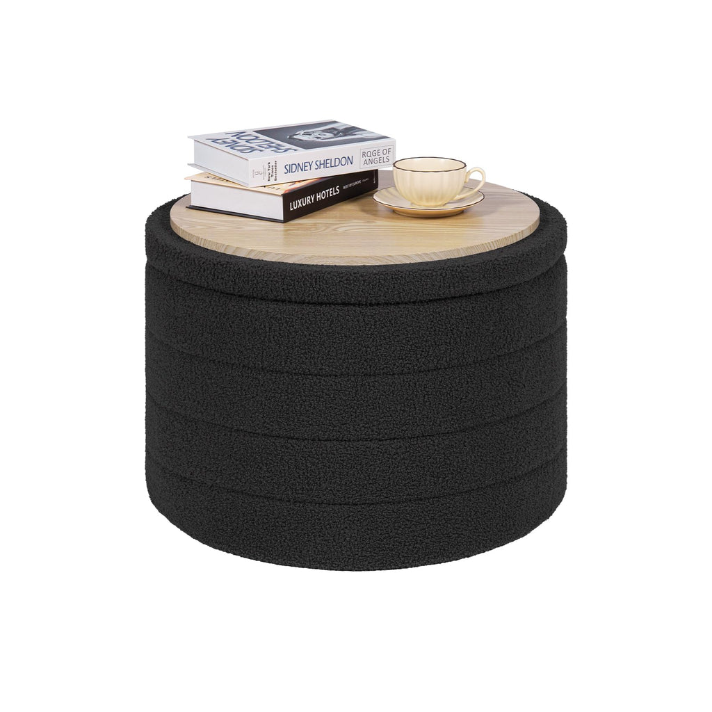 PINPLUS Round Storage Ottoman Foot Rest Stool with Tray Velvet Sherpa Folding Storage Ottoman,Boucle Foot Rest for Living Room, Bedroom, Dorm（Beige）