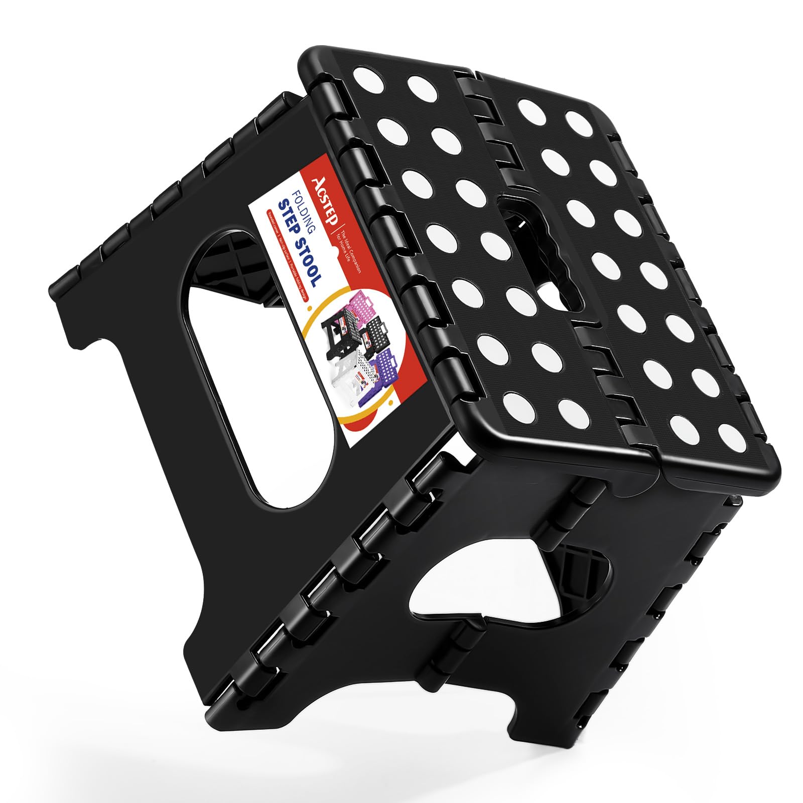 ACSTEP 9 Inch Folding Step Stool 300 LB Capacity Plastic Foldable Step Stools for Kids and Adults, Folding Stool Suitable for Kitchen, Stepping Stool with Handle Bicolor Green Small Step Stool 1PC