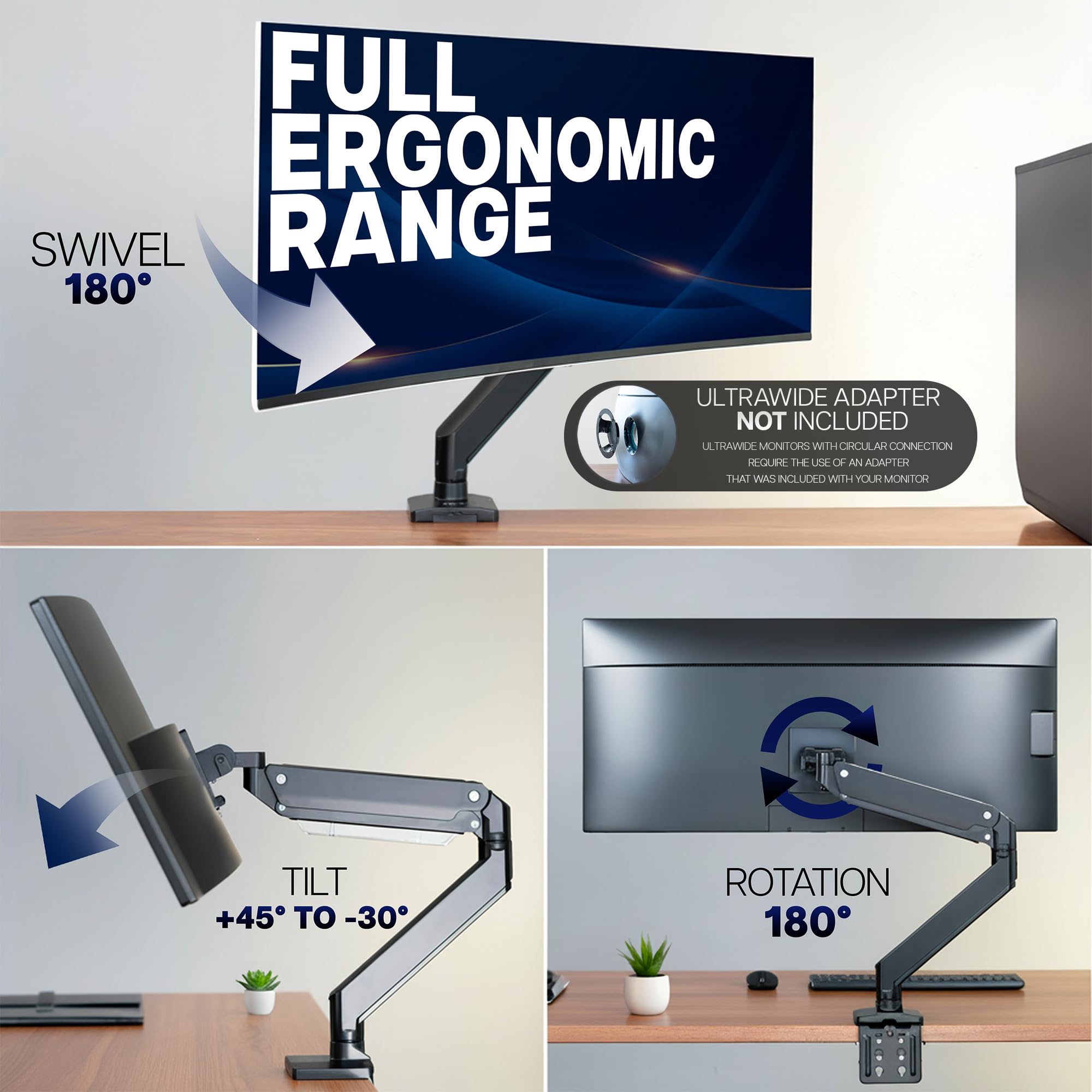 VIVO Premium Aluminum Tall Extended Monitor Arm for Ultrawide Monitors up to 49 inches and 33 lbs, Single Desk Mount Stand, Pneumatic Height Adjusting, Max VESA 100x100, Black, STAND-V101GT