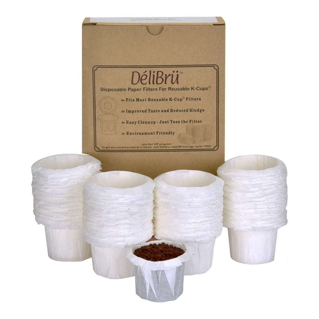 Delibru K Cup Disposable Paper Filters 100 Pack Fits With All Reusable Coffee Pods - Compostable and Disposable Coffee Filters for Keurig Single Cup