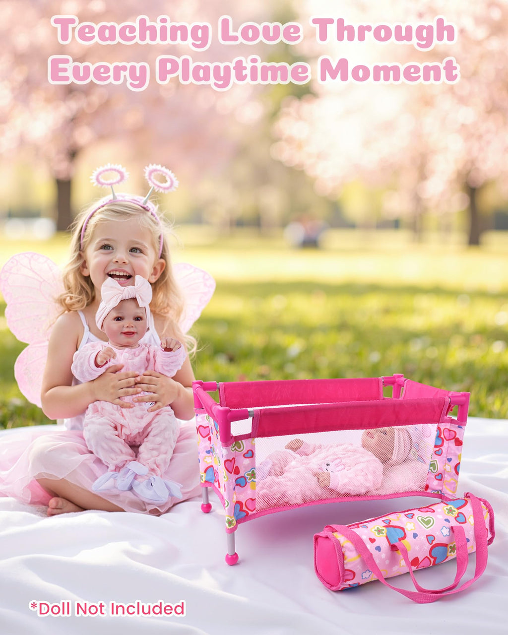 BABESIDE Baby Doll Crib Set for 18 Inch Dolls, Baby Doll Bed Playpen Toy Crib with Storage Bag for Reborn Baby Doll Accessories