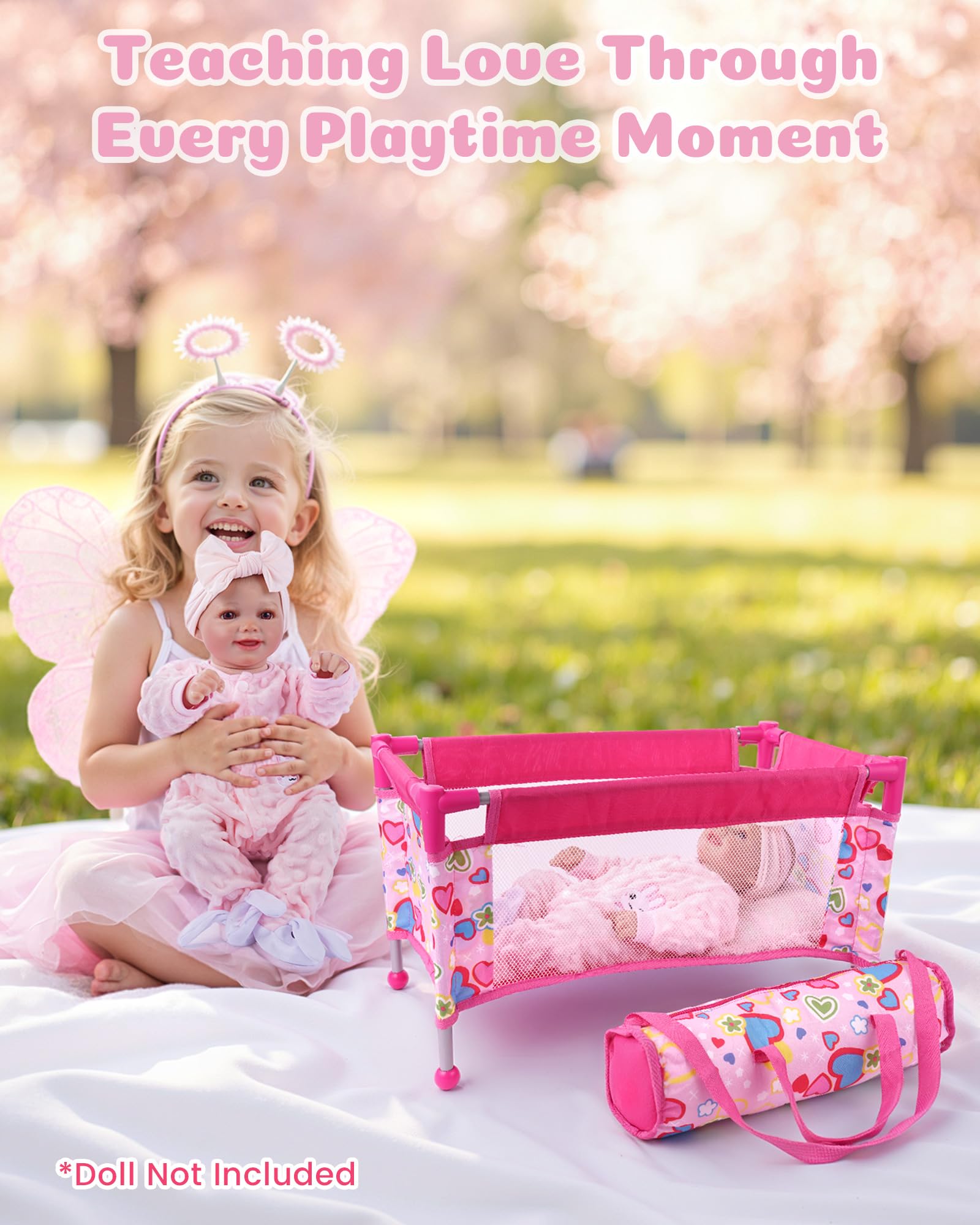 BABESIDE Baby Doll Crib Set for 18 Inch Dolls, Baby Doll Bed Playpen Toy Crib with Storage Bag for Reborn Baby Doll Accessories