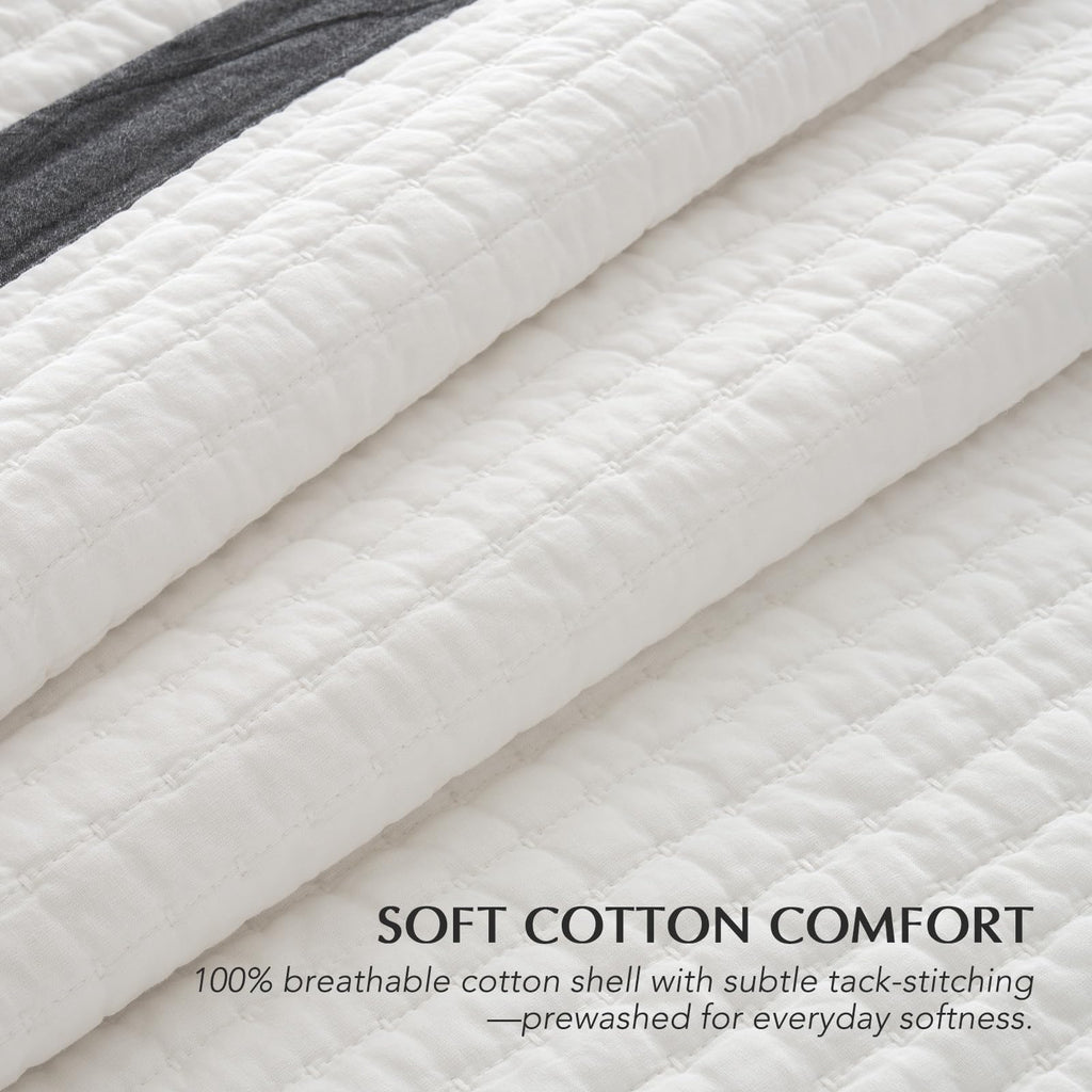 EVERGRACE Cotton Border Frame Tack-Stitch Quilt Bedding Set Queen Size, Coastal Oversized 3 Pieces Lightweight Bedspread Coverlet for All Season, with 2 Matching Shams, Blue Linen