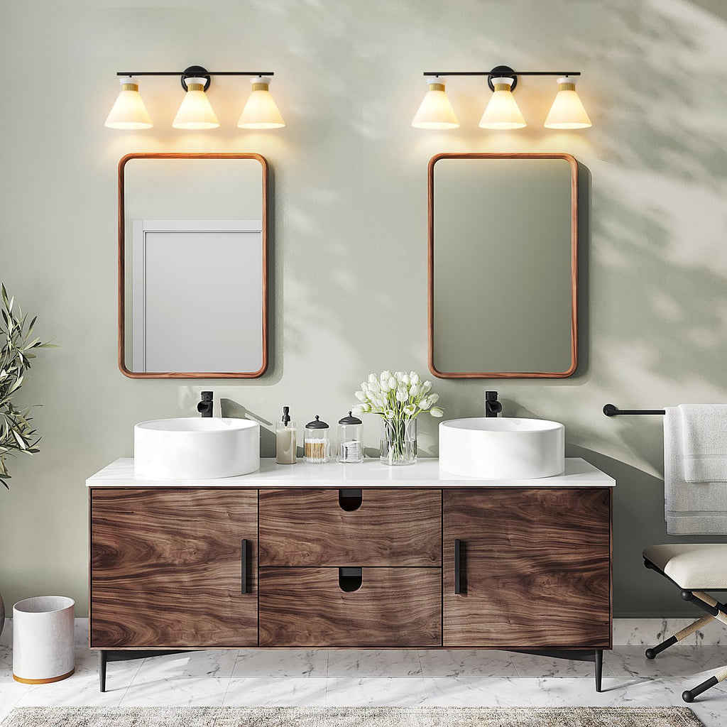 WOSHITU Gold Bathroom Light Fixtures: Modern Vanity Lighting Fixtures 2 Lights for Bathroom Mid Century Vanity Light Sconces Over Mirror with Frosted Milky Glass for Bath Bedroom Makeup