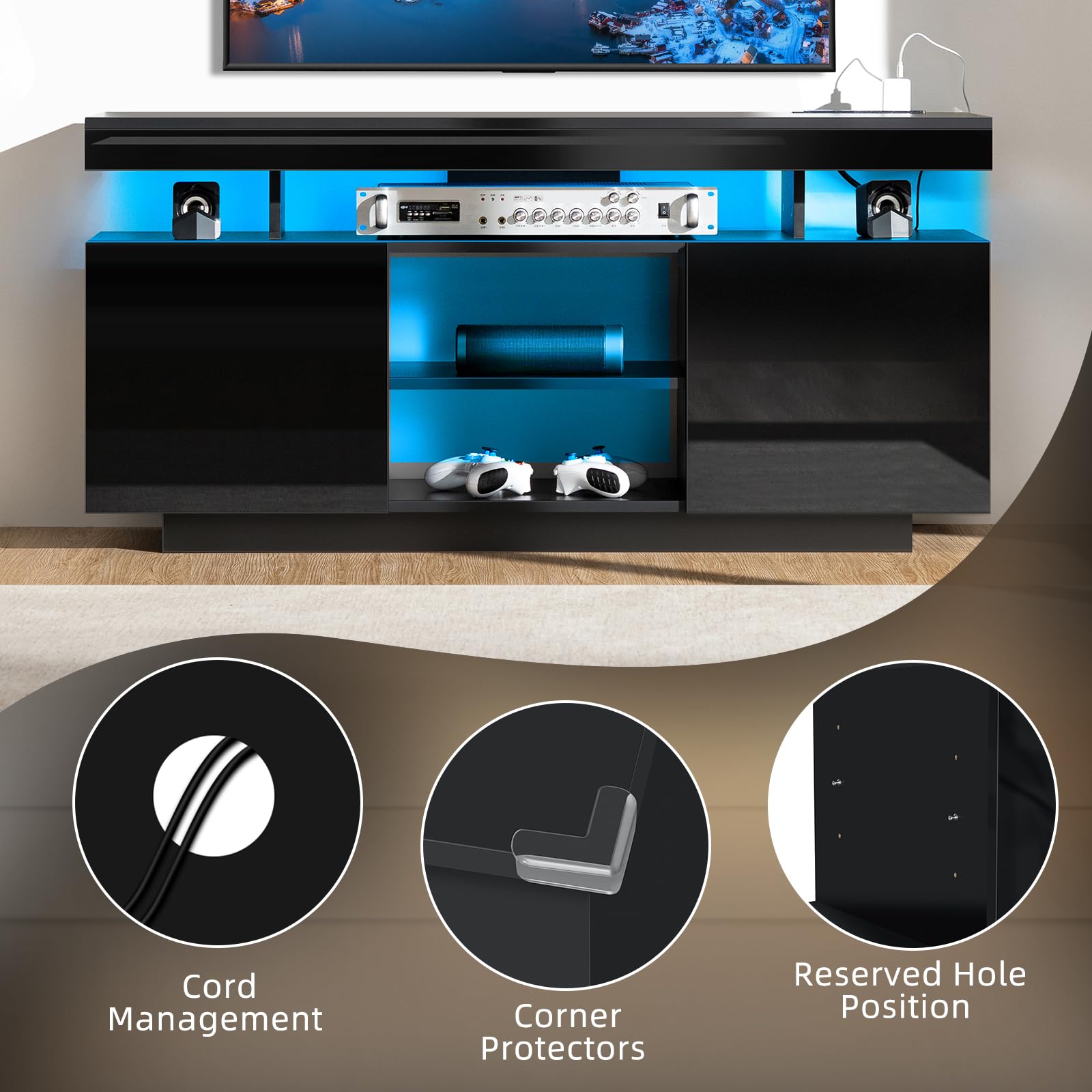 HOMMPA Modern LED TV Stand for 55 Inch TV, Black Tall TV Console with Power Outlet, Entertainment Center with Storage, High Gloss Gaming Media Console Cabinet for Living Room (47 Inch)