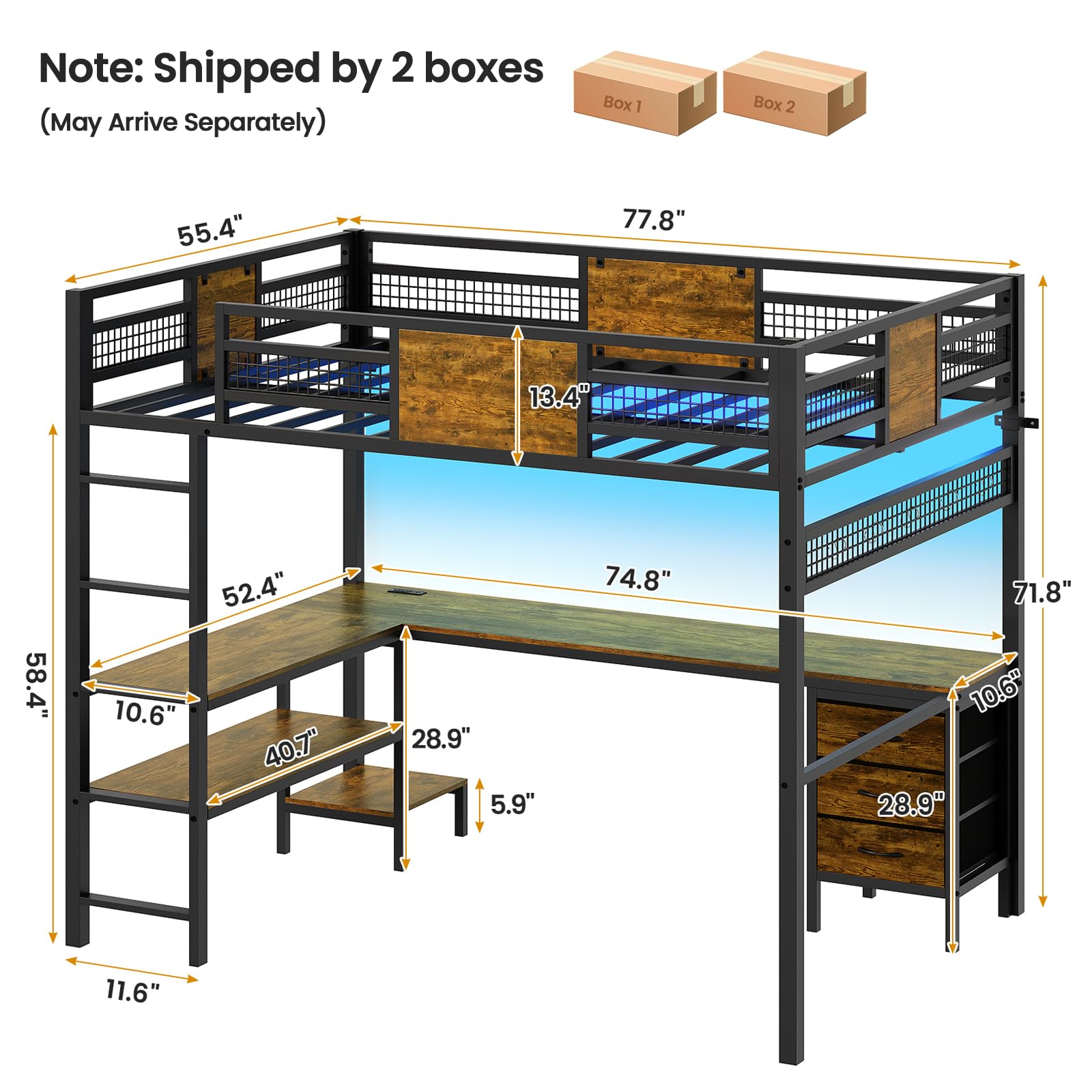 ADORNEVE Loft Bed Full Size with L-Shaped Desk, 3 Storage Drawers, Power Outlet, 3 Storage Shelves, Metal Loft Bed Frame with RGB Lights, Bed with Safety Guardrail & Ladders,Space-Saving, Grey