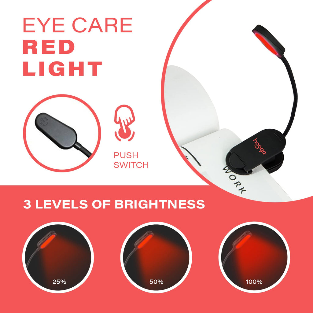 hooga Red Book Light, Rechargeable Clip On 625nm LED Light for Reading in Bed. No Blue Light Emitted, Eye Care Light for Strain-Free, Healthy Eyes. Gift for Students, Kids, Travel, Nursing, Studying.