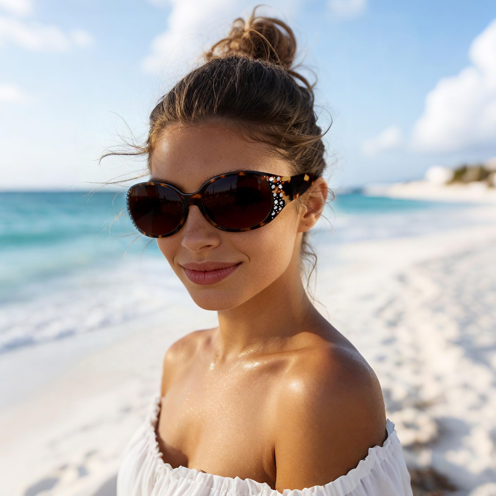 HAOLOTA Polarized Sunglasses for Women, Rhinestone Wrap Around Sunglasses with UV400 Protection