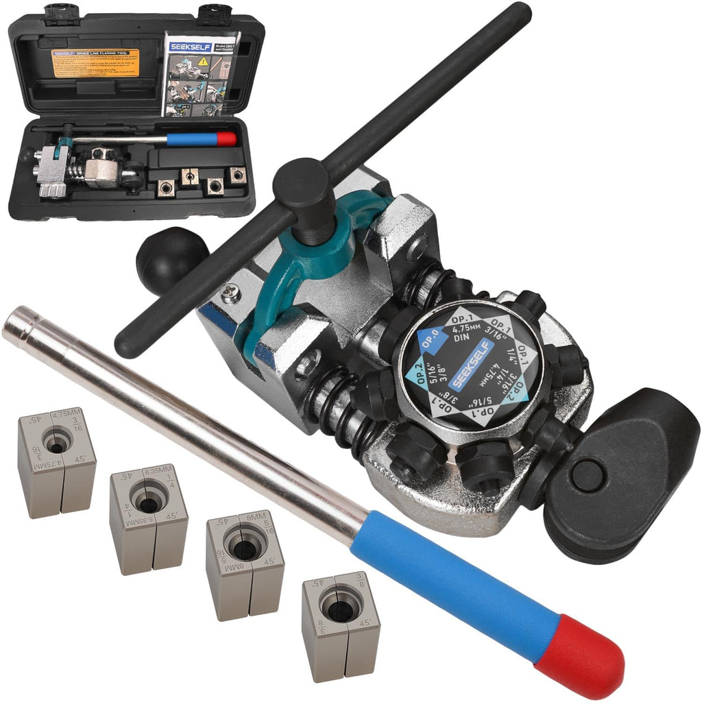 Professional Brake Line Flaring Tool Kit for 45 Degree Single, Double and Bubble Flares, 3/16", 1/4", 5/16", 3/8" and 4.75mm Steel Copper Metal Tubing, Black