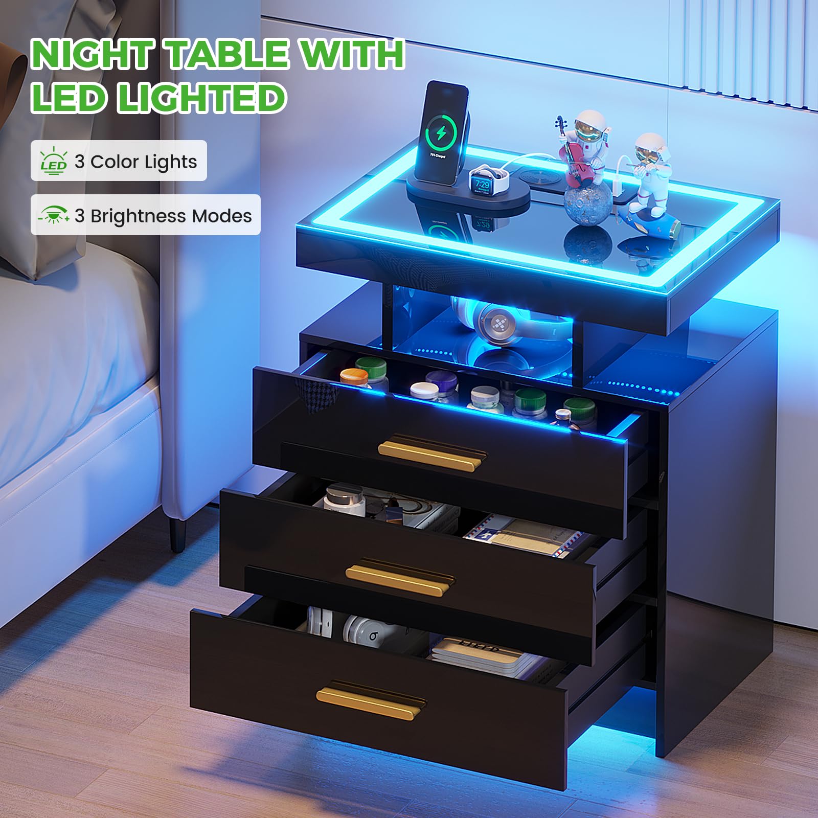 HNEBC LED Nightstand with Charging Station,Smart Bedside Table with Motion Sensor Lights,3 Drawers,Tempered Glass Top,High Gloss End Table with 3 Color Lights for Bedroom, Living Room,Office-Black