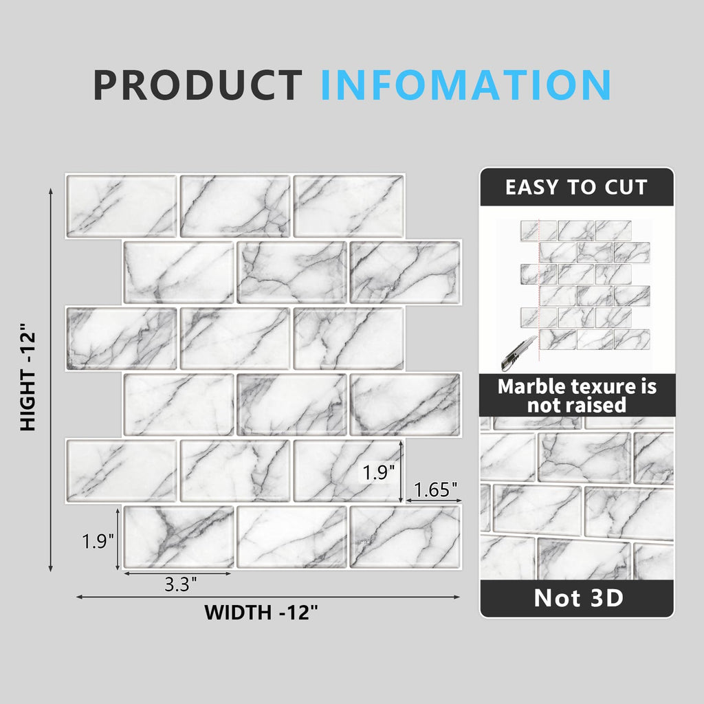 URCOLOR 10-Sheet Back Splashes for Kitchens Peel and Stick,12"x12" Self Adhesive Subway Wall Tiles Stick on backsplash Tiles for Bathroom Black Marble