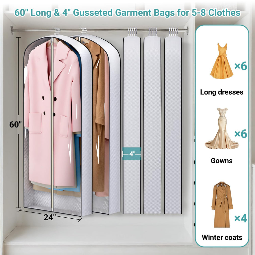 SLEEPING LAMB 60" Gusseted Garment Bags for Closet Storage Clear Dress Bag Hanging Clothes Storage for Long Gowns, Coats, Sweaters, 2 Packs
