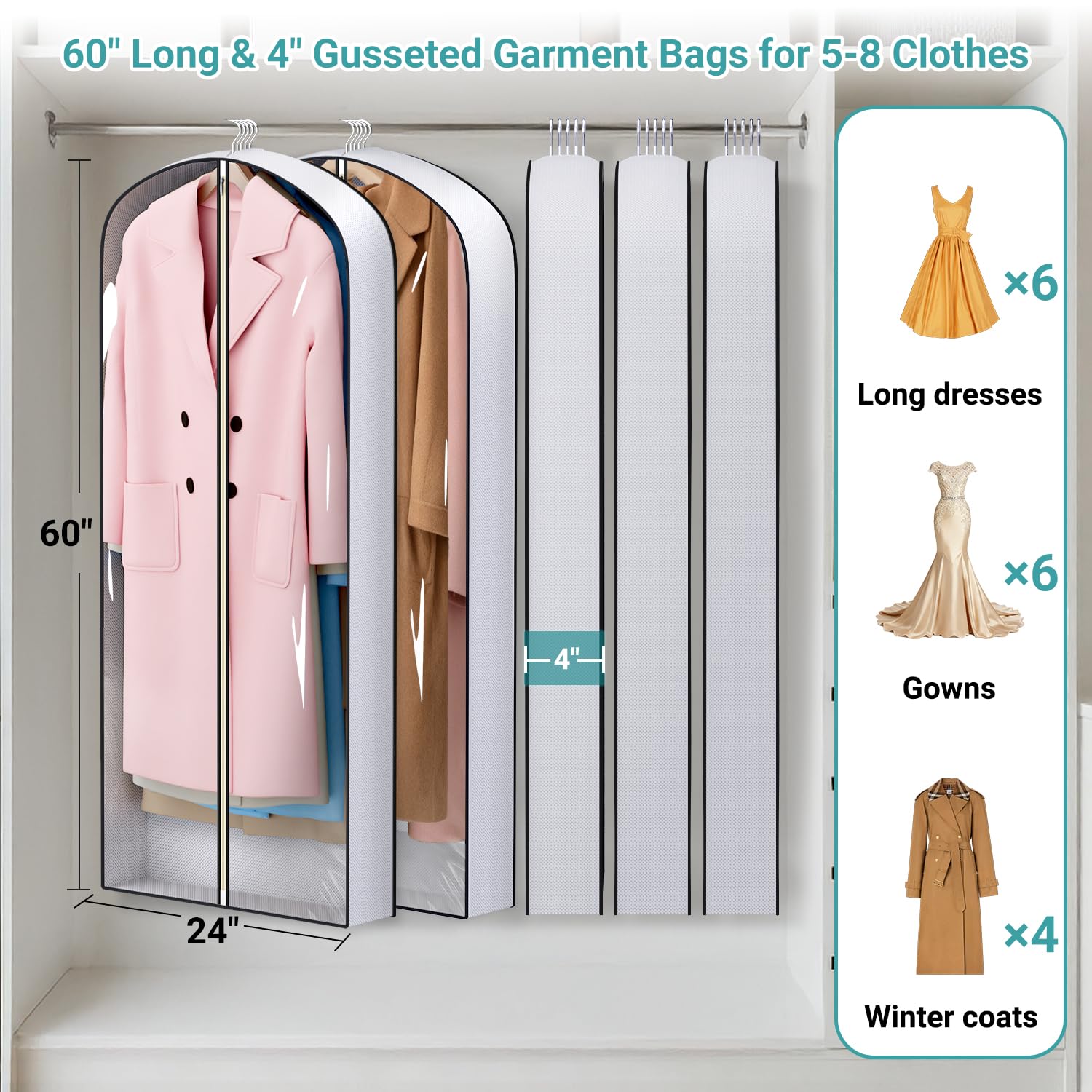 SLEEPING LAMB 60" Gusseted Garment Bags for Closet Storage Clear Dress Bag Hanging Clothes Storage for Long Gowns, Coats, Sweaters, 2 Packs