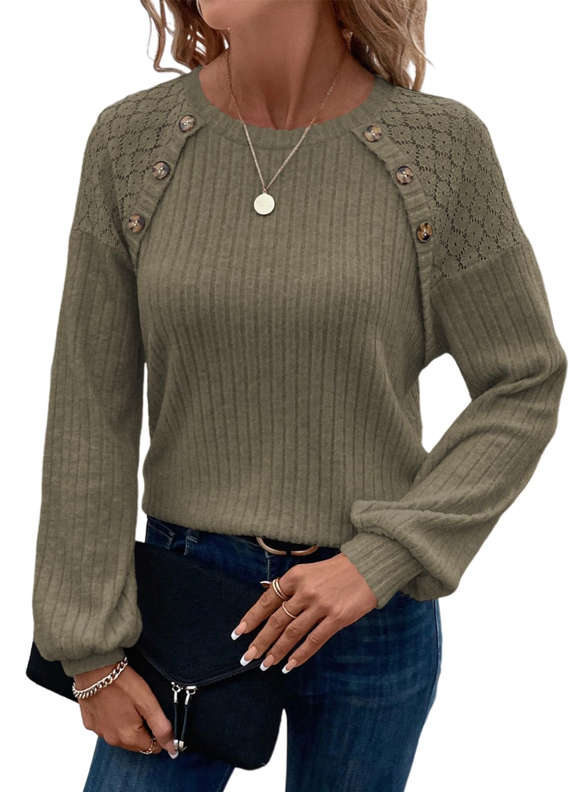 Acelitt Womens Fall Long Sleeve Tunic Tops Casual Crew Neck Dressy Shirt Lace Patchwork Blouses Pullover Sweaters