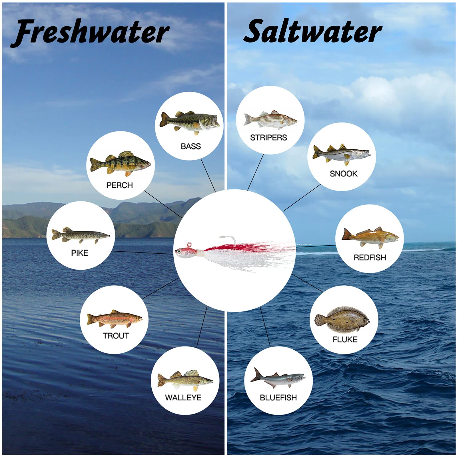Dr.Fish 3 Pack Bucktail Jig Lure Hair Jig Saltwater Freshwater Lures Surf Fishing Bass Flounder Striper Bluefish Halibut Redfish