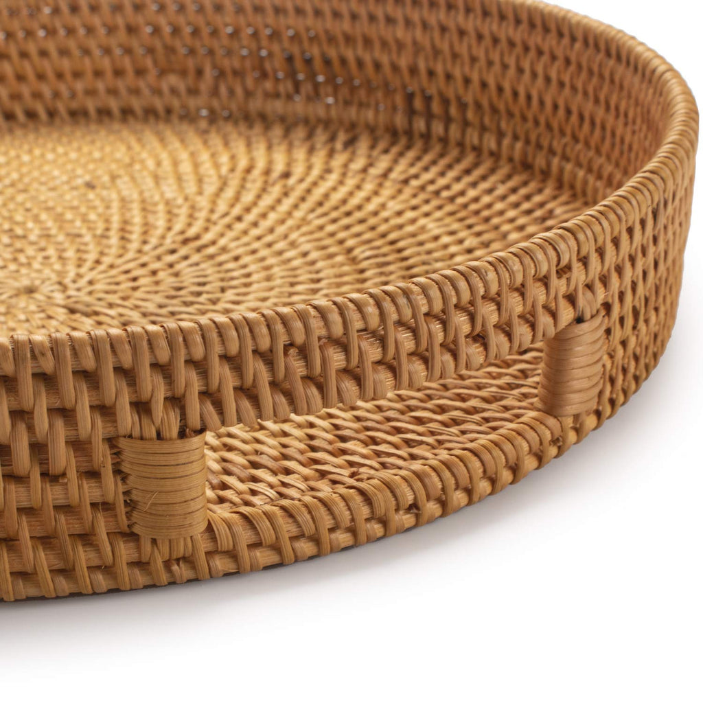 Round Rattan Serving Tray Decorative Woven Ottoman Trays with Handles for Coffee Table Natural (Small 11.8 inch x 2 inch)