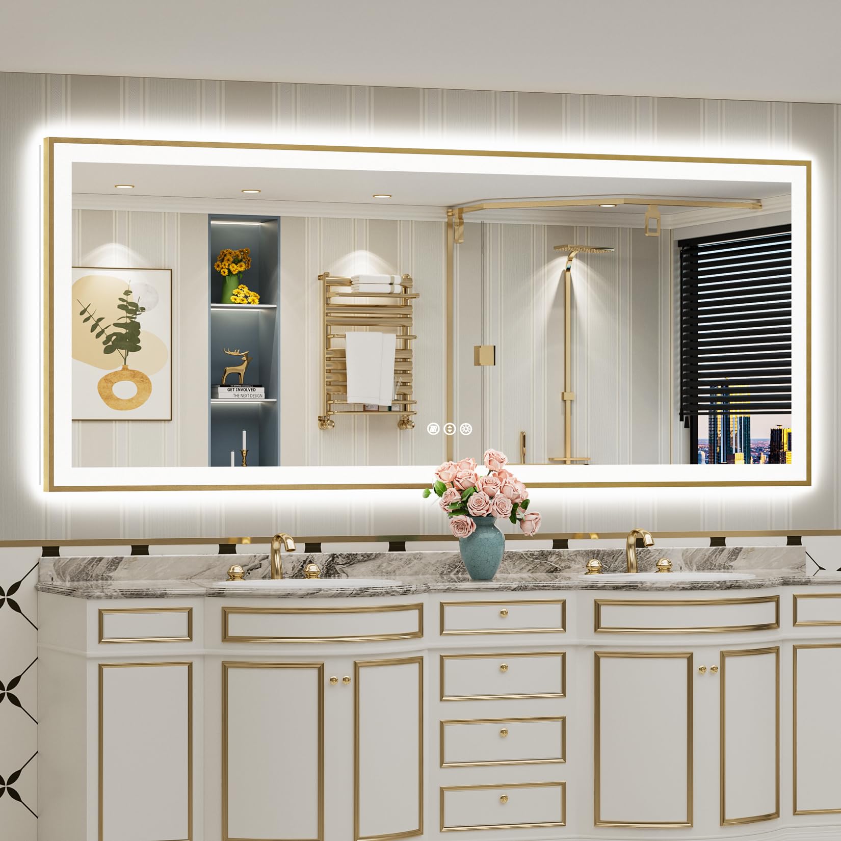 24x36 Gold Beveled LED Bathroom Mirror with Lights, Brushed Gold Framed Backlit and Front Lit Anti-Fog Lighted Vanity Mirrors for Bathroom Wall, Dimmable, 3 Colors, Memory, HD Tempered Glass