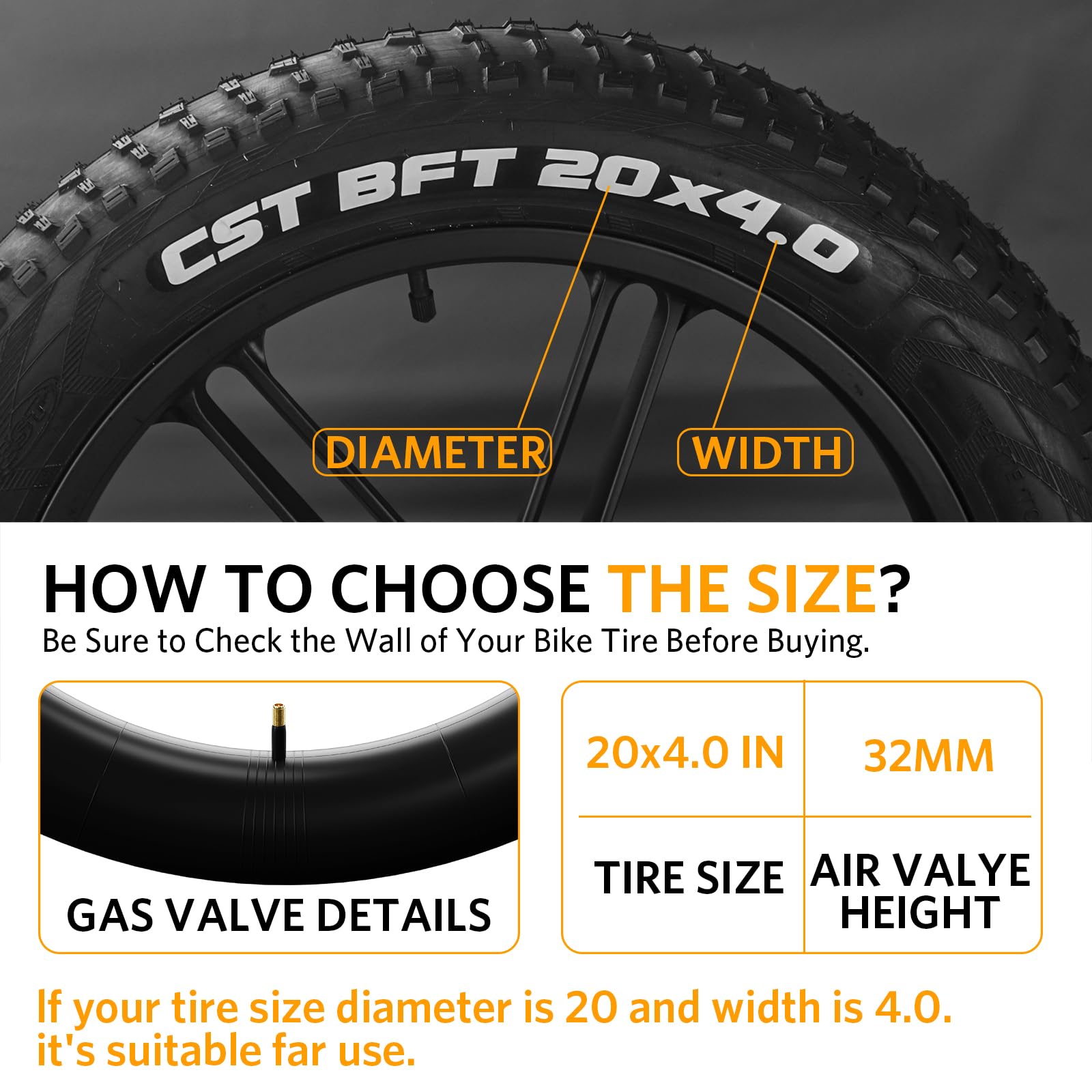 OUXI 20x4.0 Fat Tire Tube, Puncture Resistant Folding MTB Replacement Tire, 20x4.0 Fat Tyre for MTB and Ebikes, All-Terrain Directional Tread Bicycle Tires and Tubes