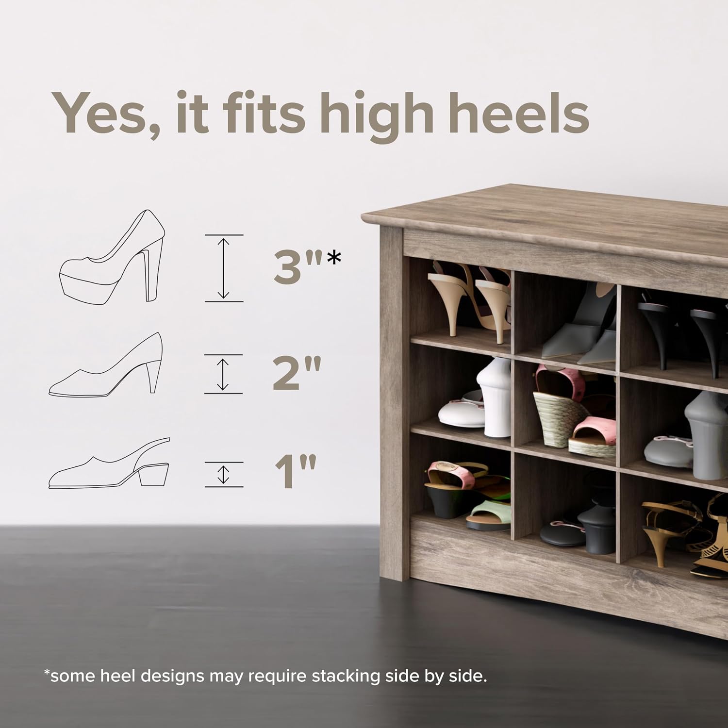 Prepac Gray Console Table, Shoe Cabinet, Storage Cabinet with 32 Shoe Cubbies and 4 Large Storage Cubbies 15.5" D x 60" W x 35" H