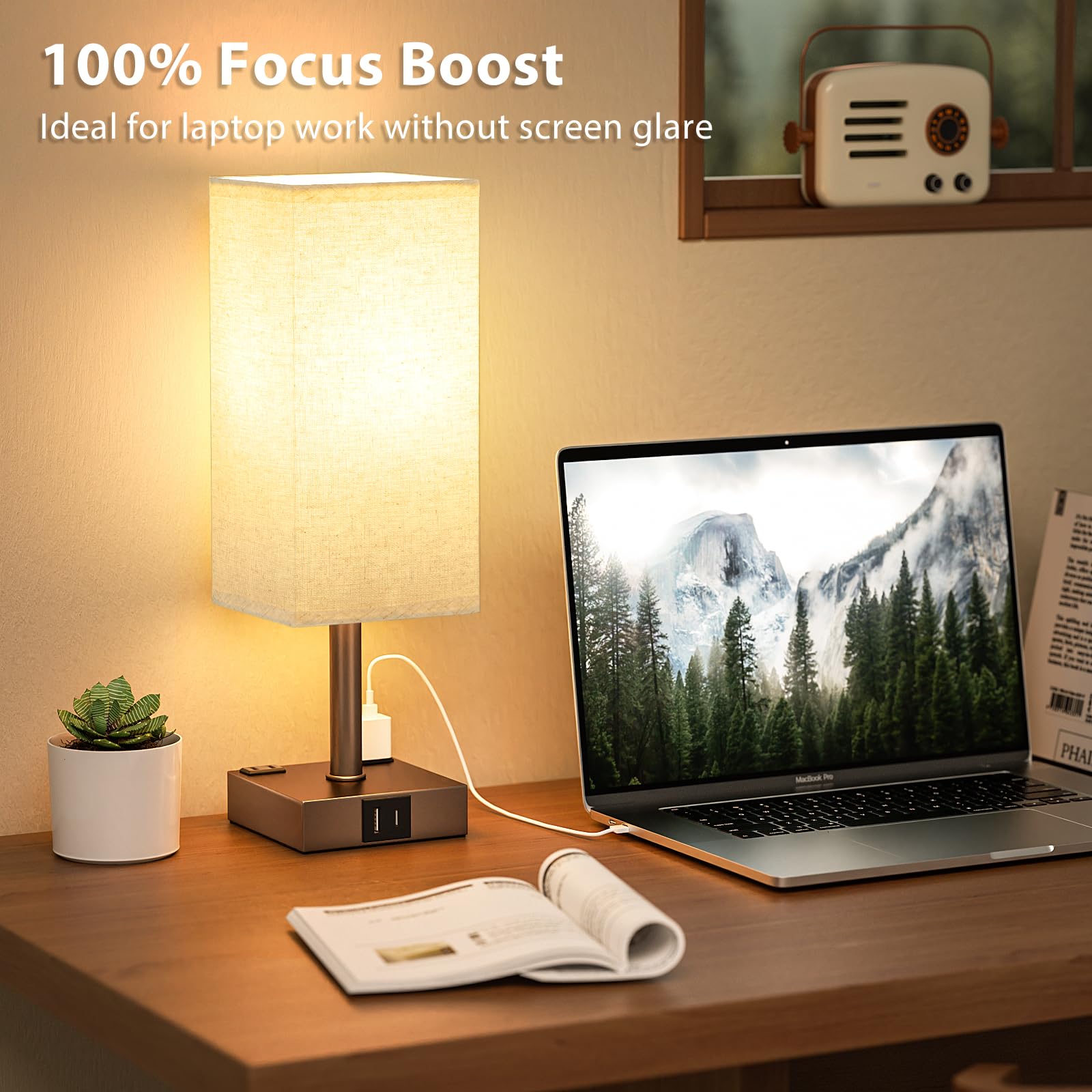 aooshine Set of 2 Touch Nightstand Lamp with USB-C+A Charge Ports& AC Outlets, 3-Way Dimmable Bedside Lamp with White Fabric Shade,Small Table Lamp for Bedroom Guest Room(Bulb Included)
