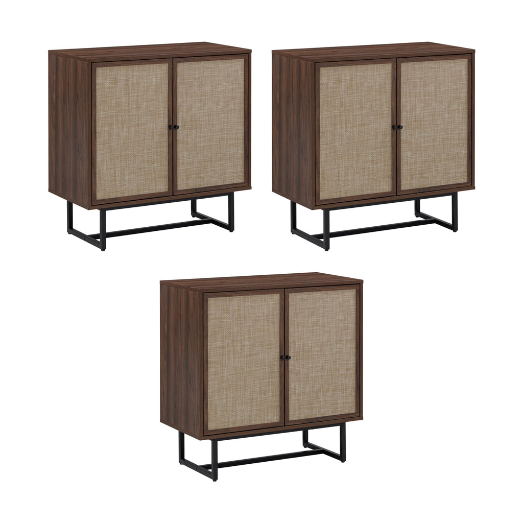 Nathan James Kova Rattan Wood Accent Sideboard Storage Cabinet with Matte Metal Frame, Adjustable Interior Shelves and Cane Doors, for Hallway, Entryway or Living Room, Black Oak/Cane