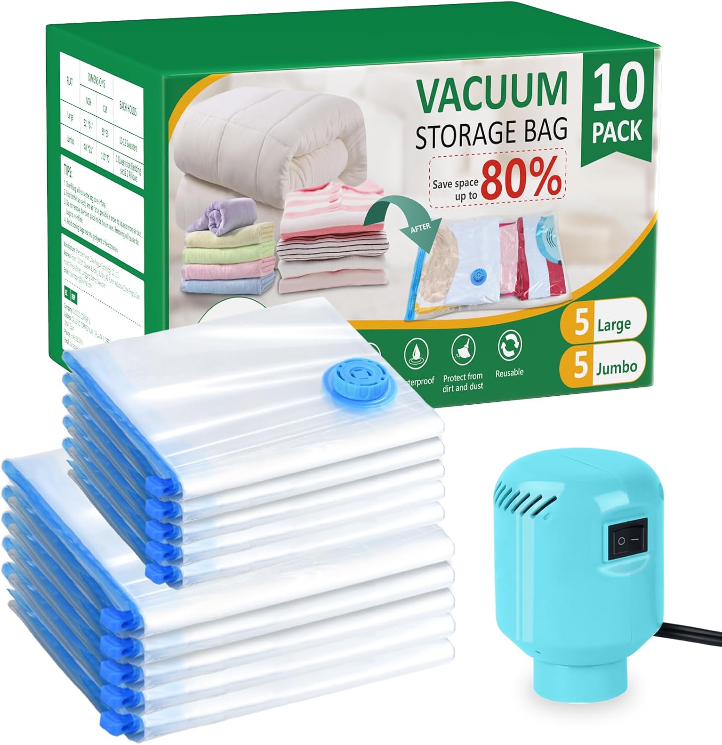 Vacuum Seal Bags for Clothing with Electric Pump, 10 Pack(5 Jumbo/5 Large Vacuum Storage Bags) Space bags vacuum Packing Bag for Travel Luggage Blankets Comforters Vaccine Sealed Storage Bag