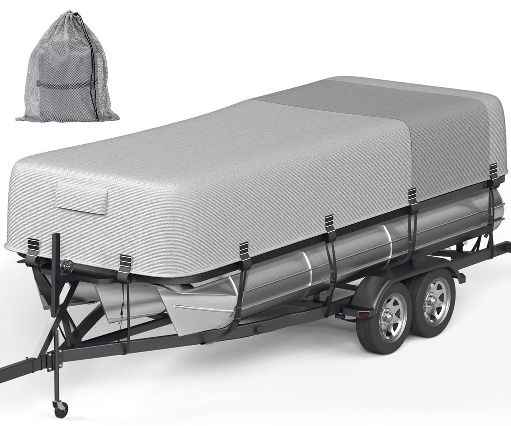 5-Ply 1600D+1200D Pontoon Boat Cover - Fully Waterproof & Ultra-Durable Tear-Resistant, with Large Storage Bag & Reinforced Windproof Straps (Fits 17'-20' Length,102" Width)