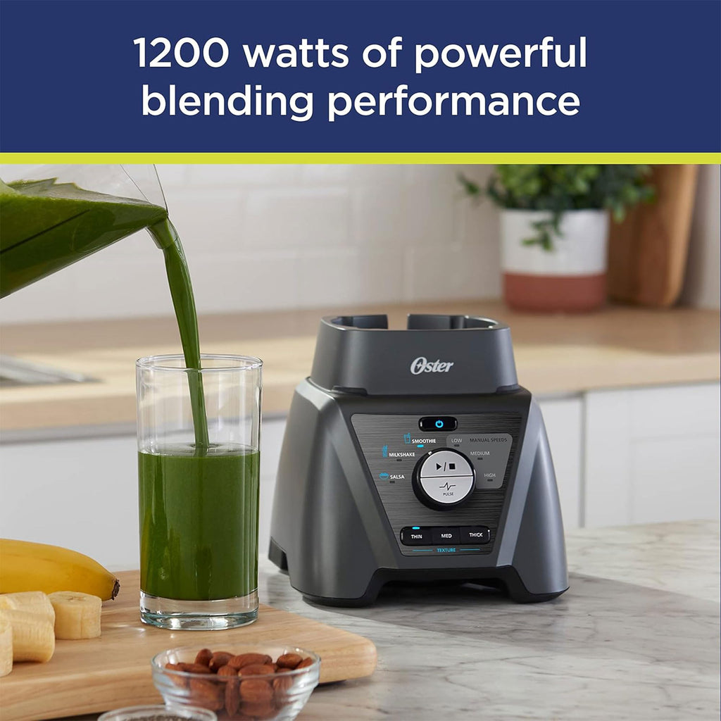 Oster Blender and Food Processor Combo with 3 Settings for Smoothies, Shakes, and Food Chopping, Includes 2 24-Ounce Cups and Lids, Carbon Grey
