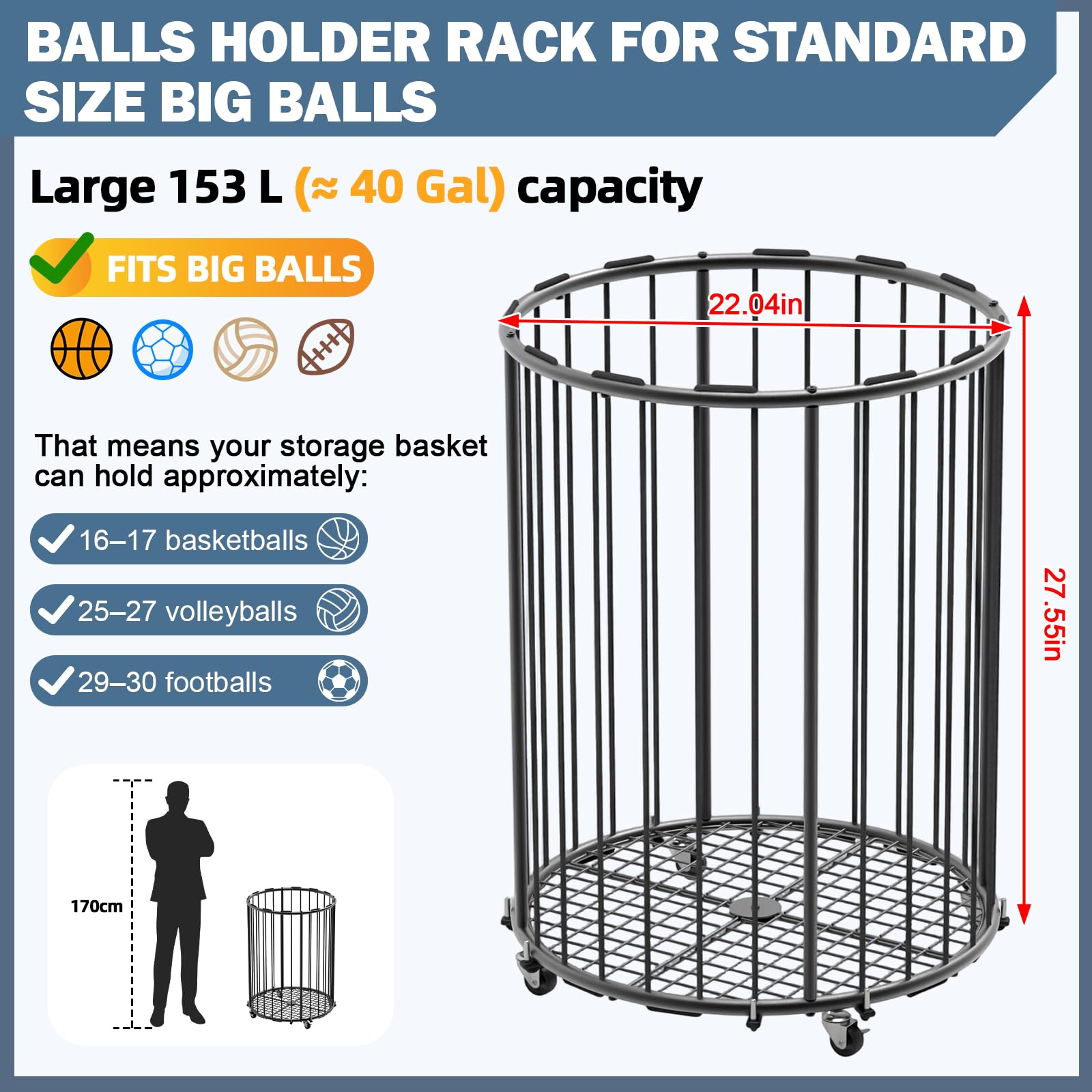 Hencawima Garage Ball Storage: Round Sports Equipment Organizer with Wheels, Sports Ball Rack With Elastic Rope, Ball Holder for Basketball, Soccer, Volleyball, Football, Garage, Gym, Outdoor (Black)
