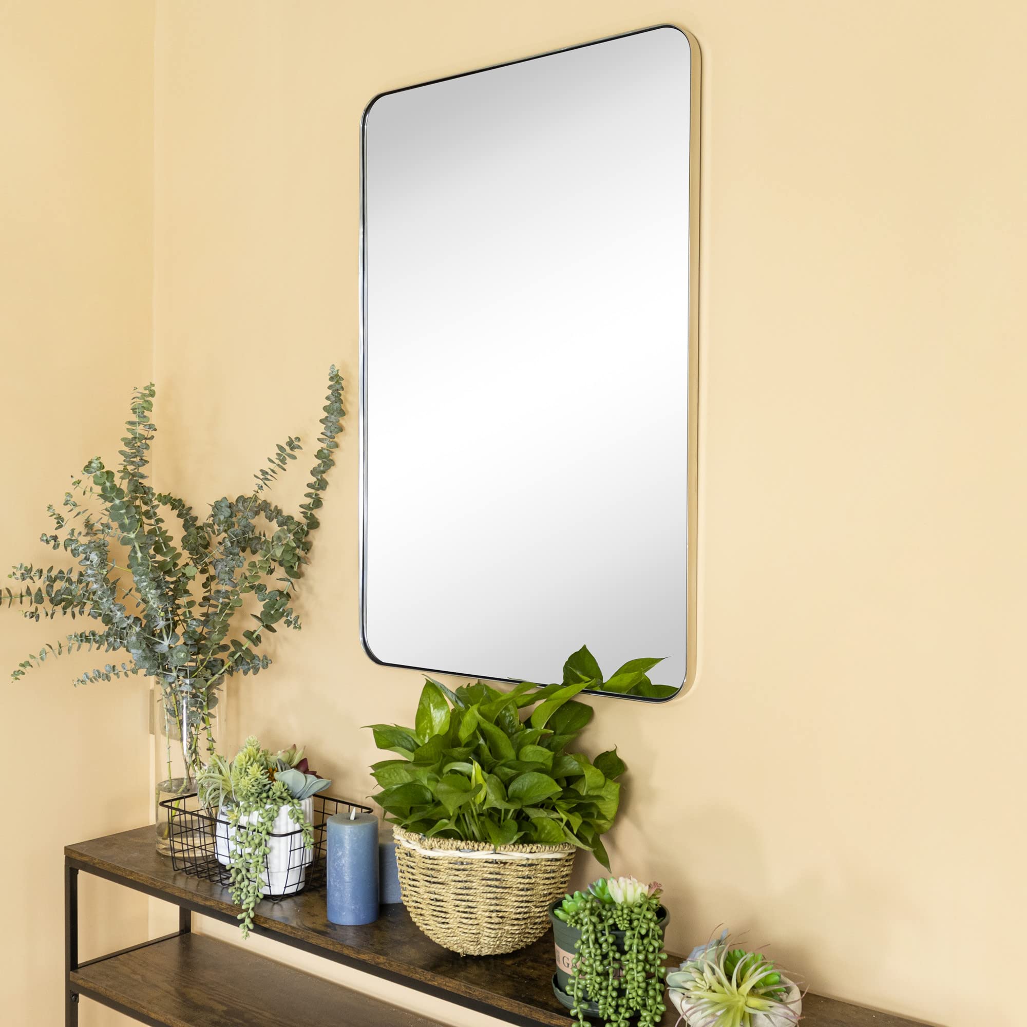 GRACTO 20x30 inch Brushed Nickel Stainless Steel Metal Framed Bathroom Mirror for Wall Mounted Rounded Rectangular Bathroom Vanity Mirror