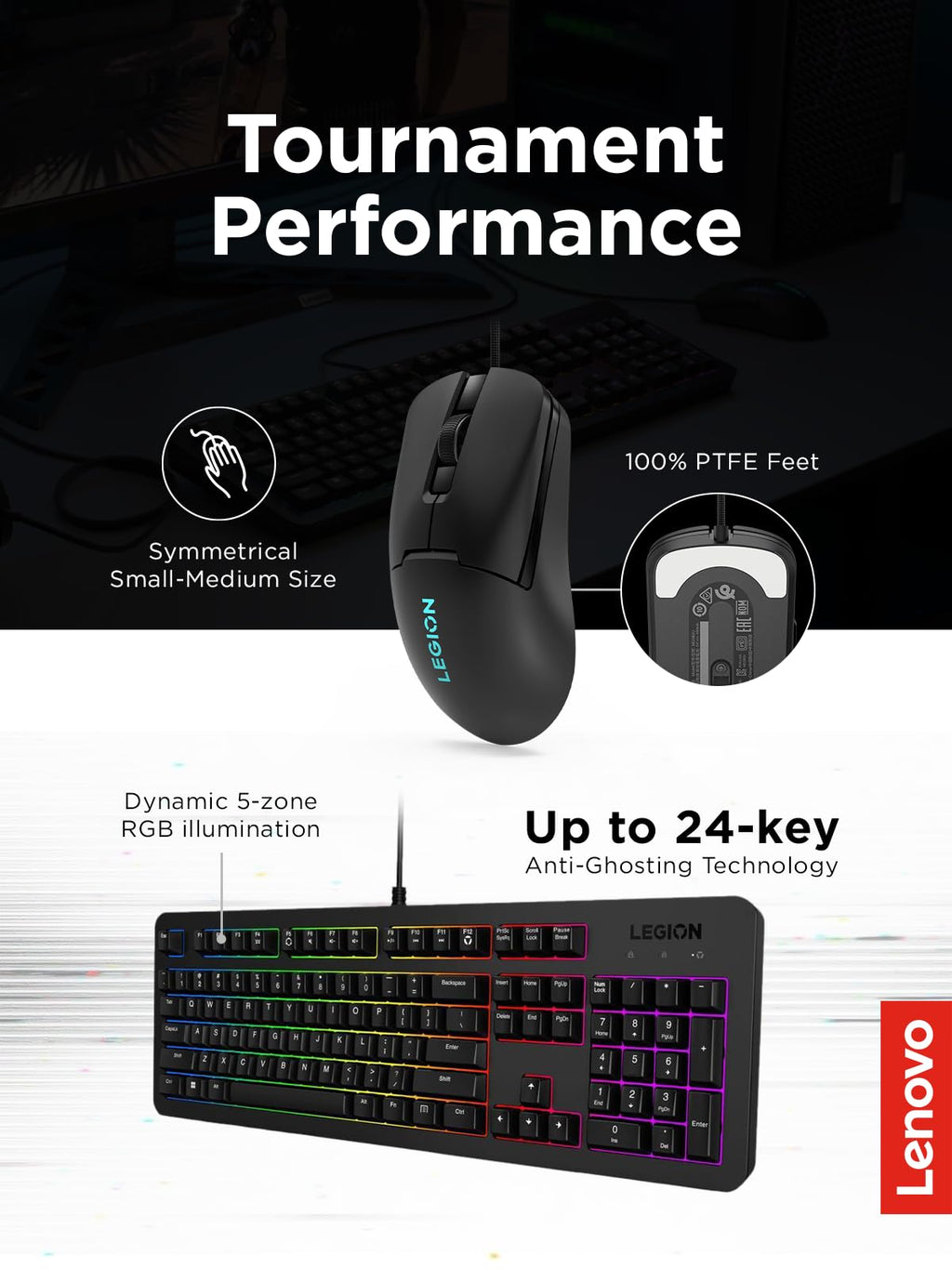 Lenovo Legion KM310 RGB Wired Gaming Keyboard & Mouse Combo - K310 Keyboard w/Silent Operation & Compact Water-Resistant Design - M300S Mouse with 8000 Adjustable DPI, 220 IPS, 6 Programmable Buttons