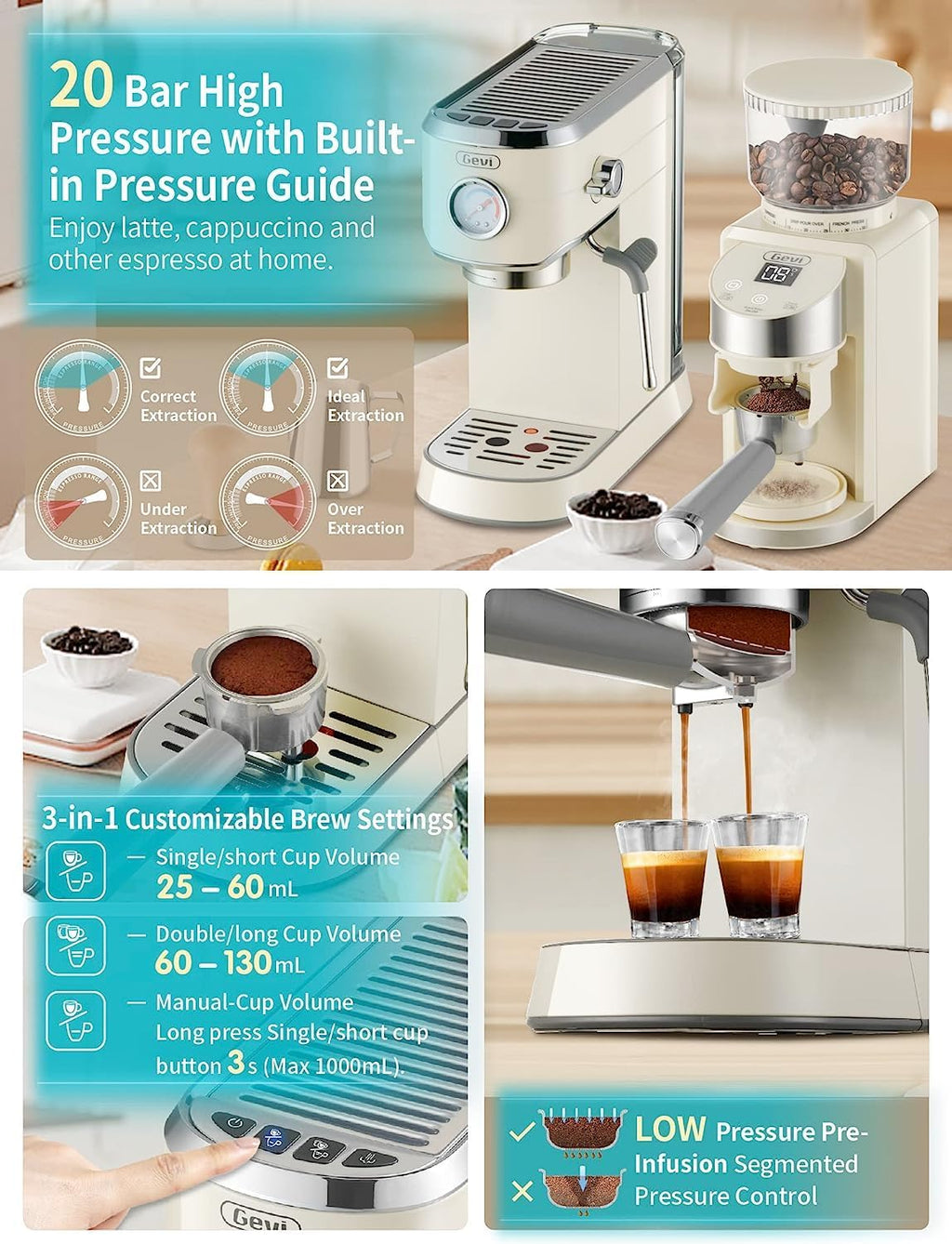 Gevi 20 Bar Espresso Coffee Machine with Burr Grinder Set | 35 Precise Grind Settings | Milk Frother for Latte Cappuccino | Professional Home Barista Kit | Gift for Coffee Lovers