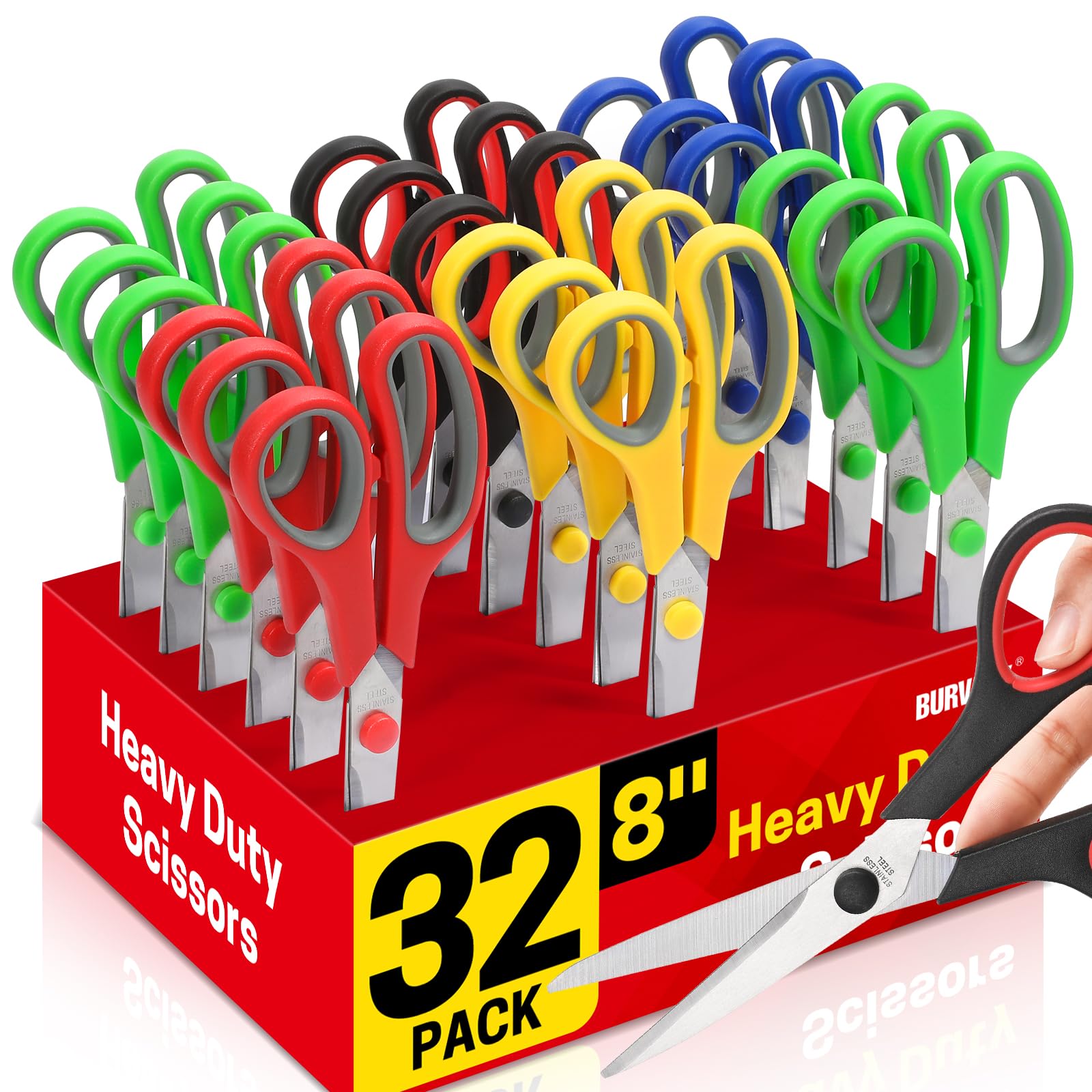 BURVAGY 8" 12 Pack All Purpose Heavy Duty Scissors- Comfort-Grip Sharp Scissors for Office School Sewing Fabric Craft High/Middle School Student Teacher Scissor, Right/Left Hand