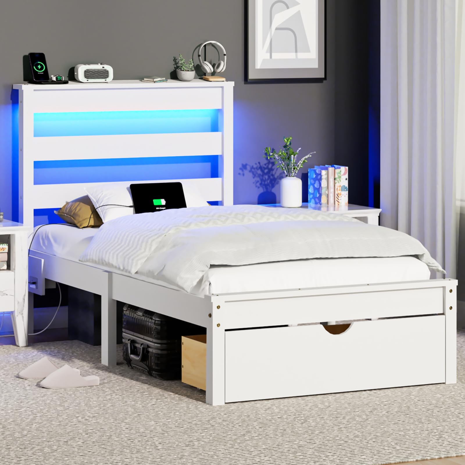 Bonnlo Twin Size Solid Wood Platform Bed Frame, Single Bed with Headboard, No Box Spring Needed Panel Bed, Wood Slat Support Mattress Foundation, White