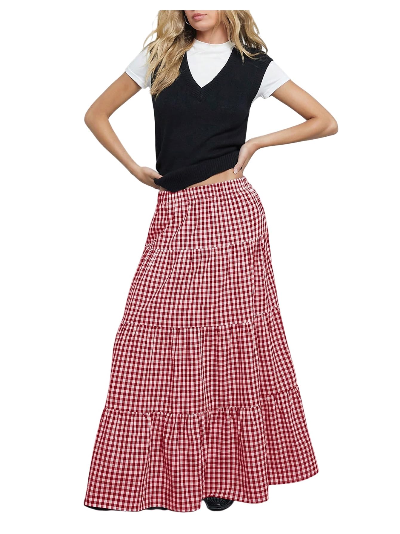 MakeMeChic Women's Plaid Maxi Skirts A Line Ruffle Tiered Layer Y2K Flowy Casual Long Skirts