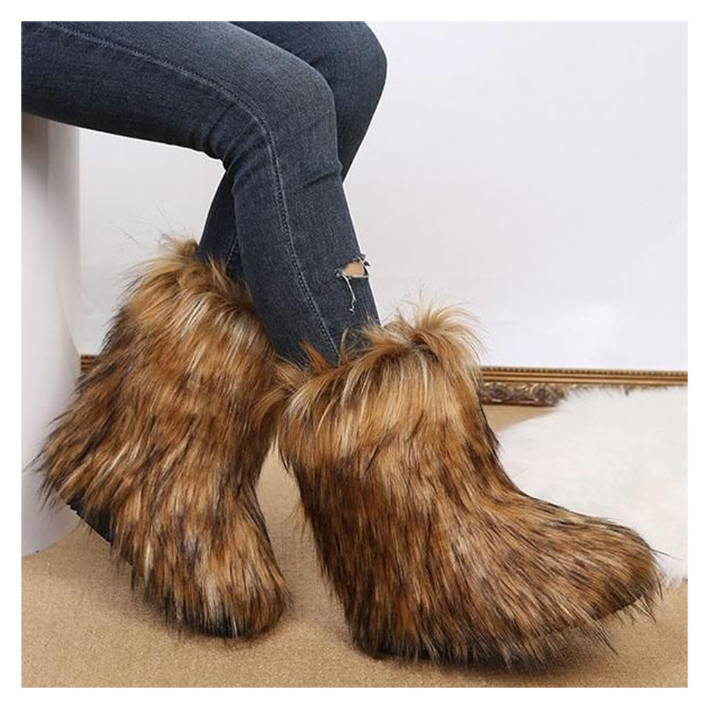 IXU Women's Faux Fur Boot Furry Fluffy Round Toe Suede Snow Winter Women Boots Comfy Plush Warm Short Outdoor Indoor Flat Shoes Mid-Calf Boots