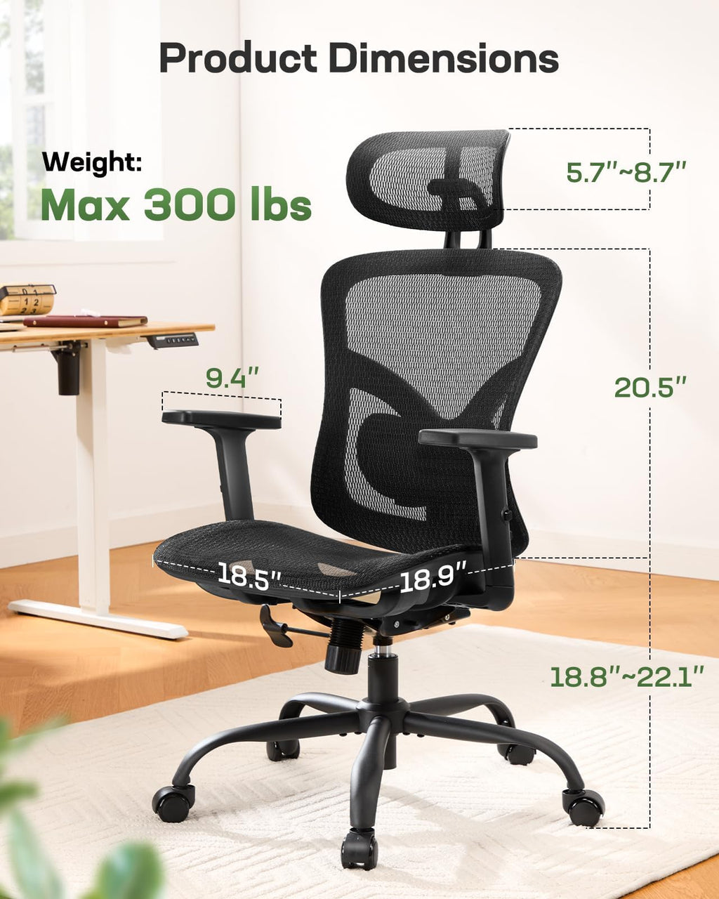 Marsail Office Chair Ergonomic Desk Chair with 3 Ways PU Armrests and Adjustable Lumbar Support Breathable Mesh Computer Chair Executive Rolling Swivel Comfy