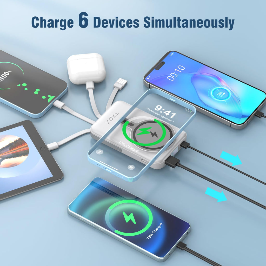 for Magsafe Battery Pack,10000mAh Magnetic Power Bank 22.5W PD Fast Charging with LED Display,Wireless Portable Charger with Built-in Cables and Stand for iPhone 17/16/15/14/13/12/Pro/Pro Max