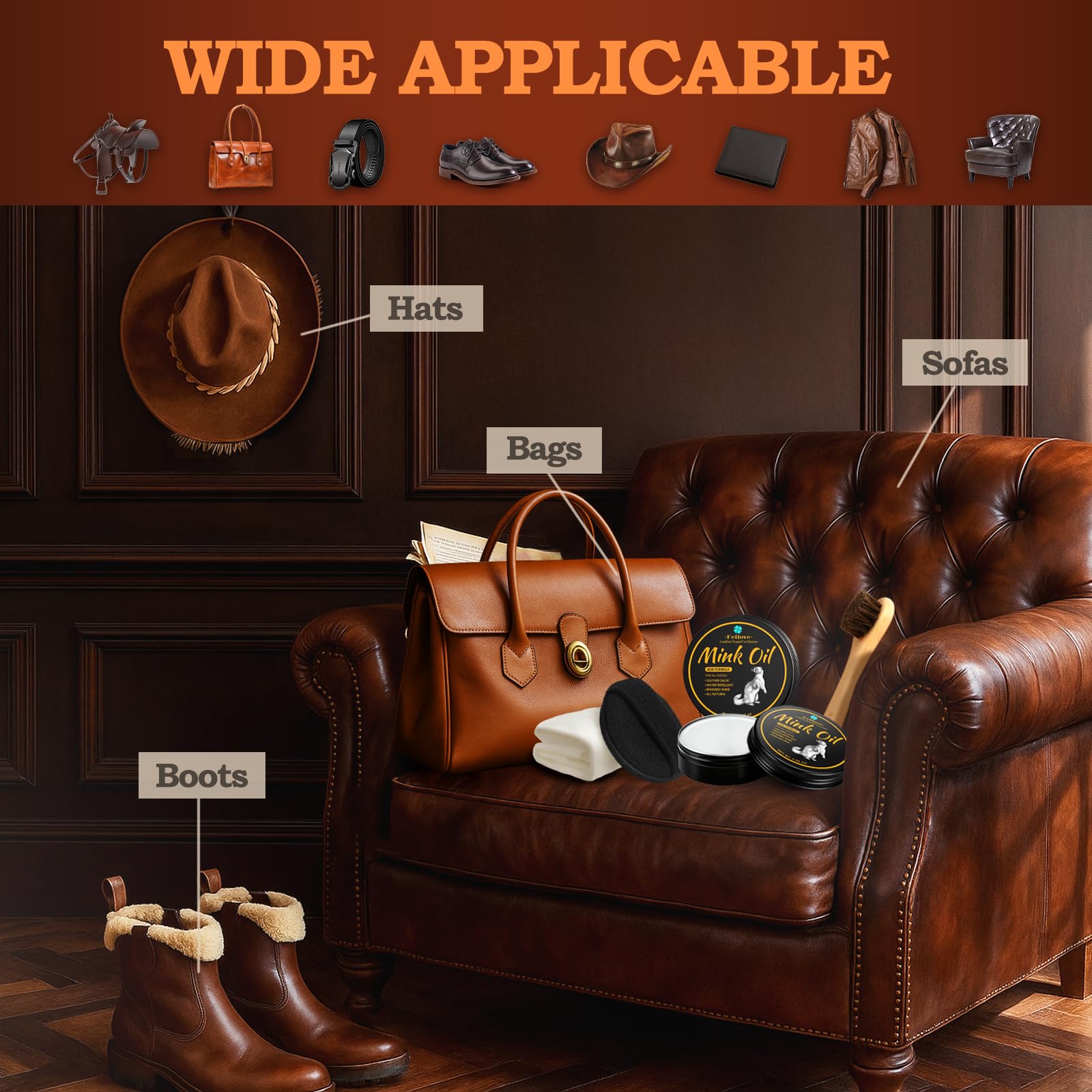 Feilove 4-in-1 Mink Oil Leather Conditioner and Cleaner 3.52 oz - Premium Waterproof Formula for Boots and Shoes