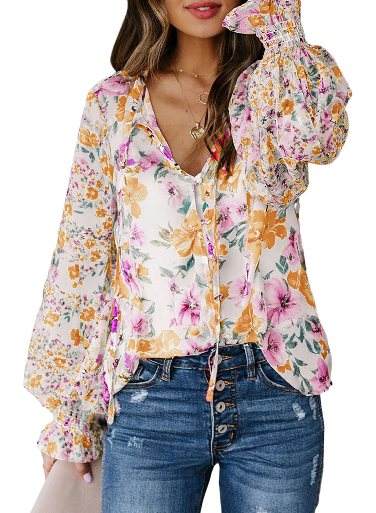 Biucly Women's Casual Boho Floral Print V Neck Long Sleeve Drawstring Tops Loose Blouses Button Down Shirts