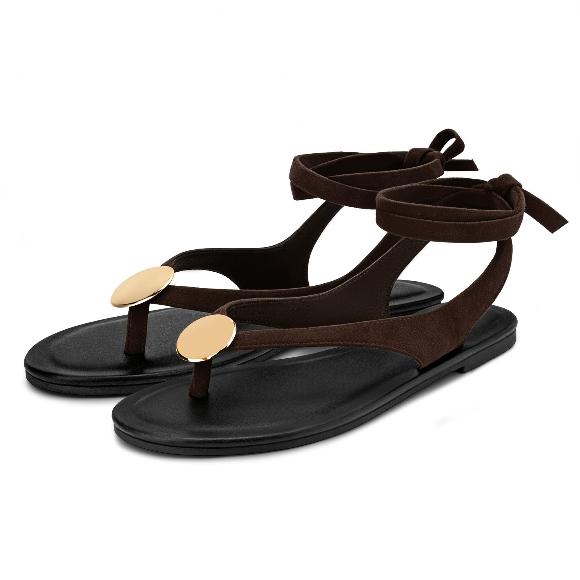 Carcuume Women's Suede Flat Sandals with Metallic Accents Adjustable Strappy Flip Flops for Beach Vacation Casual Outings Cushioned Dressy Slides,MOLAZY-00