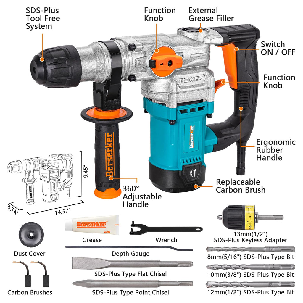 Berserker 1-1/8" SDS-Plus Rotary Hammer Drill with 1/2" Keyless Adapter | 1050W 9 Amp 3 Functions 9.5 lb. Corded Electric Safety Clutch Rotomartillo for Concrete Cement Masonry Drilling,Tile Removal