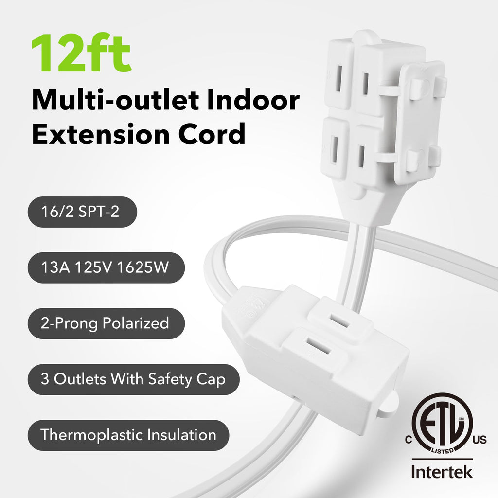BN-LINK 6ft Indoor Extension Cord, 2 Pack, 3-Outlet Polarized Flat Cable, Household Power Cord for Home, Office, and Holiday Decorations, Black