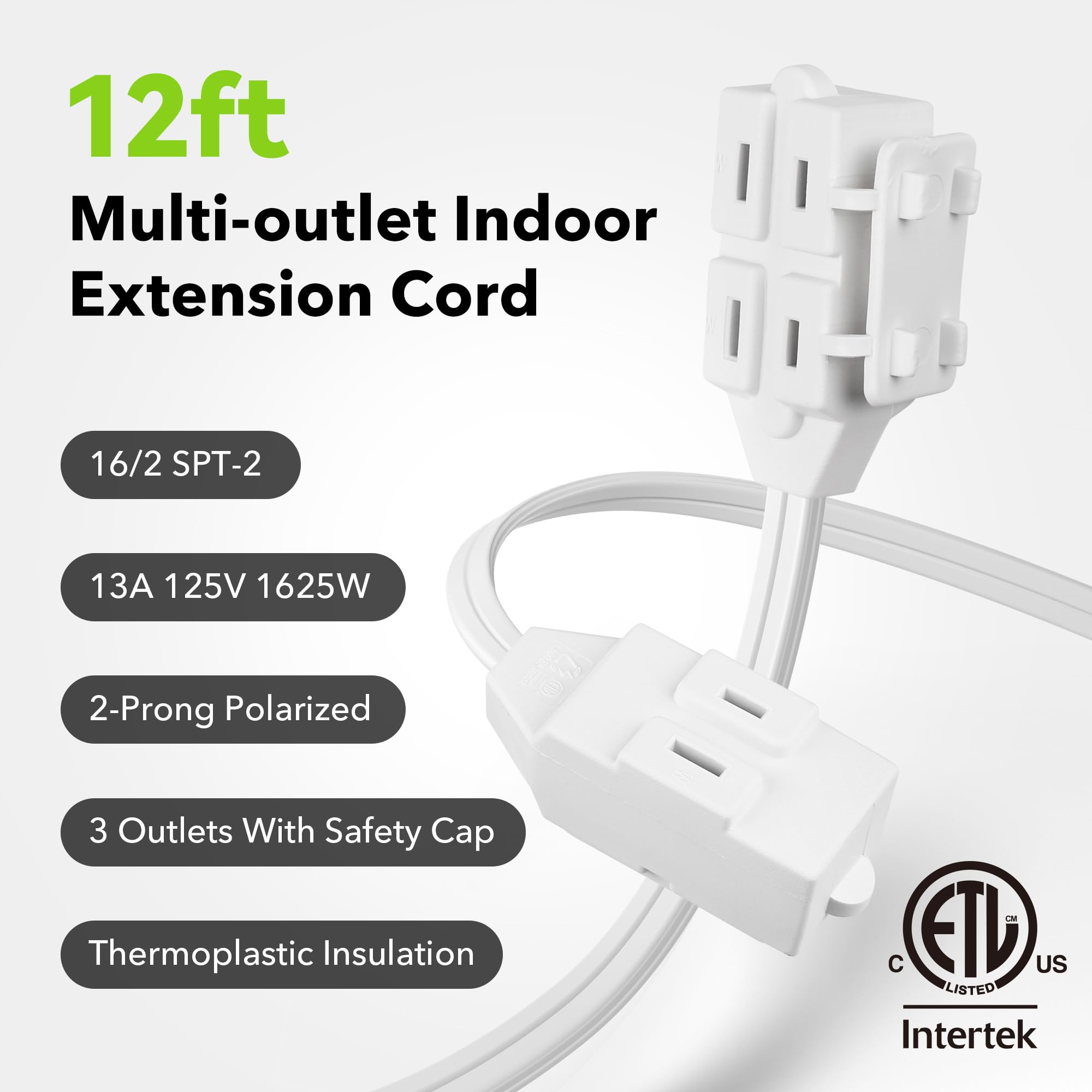 BN-LINK 6ft Indoor Extension Cord, 2 Pack, 3-Outlet Polarized Flat Cable, Household Power Cord for Home, Office, and Holiday Decorations, Black