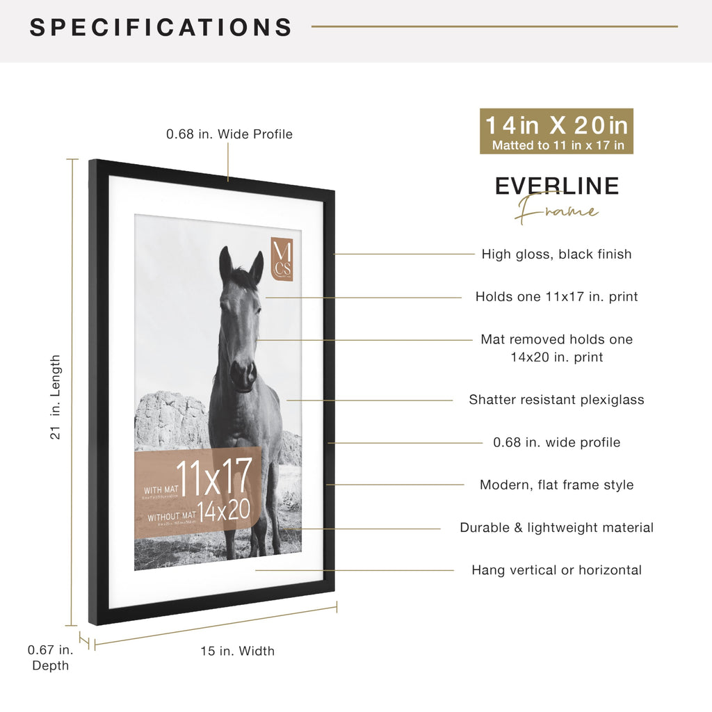 MCS Everline Collection 14x20 Matted Poster Frame with 11x17 Picture Display, Black Vertical & Horizontal Wall Hanging Large Frame for Photos, Posters & Art Prints (1-Pack)