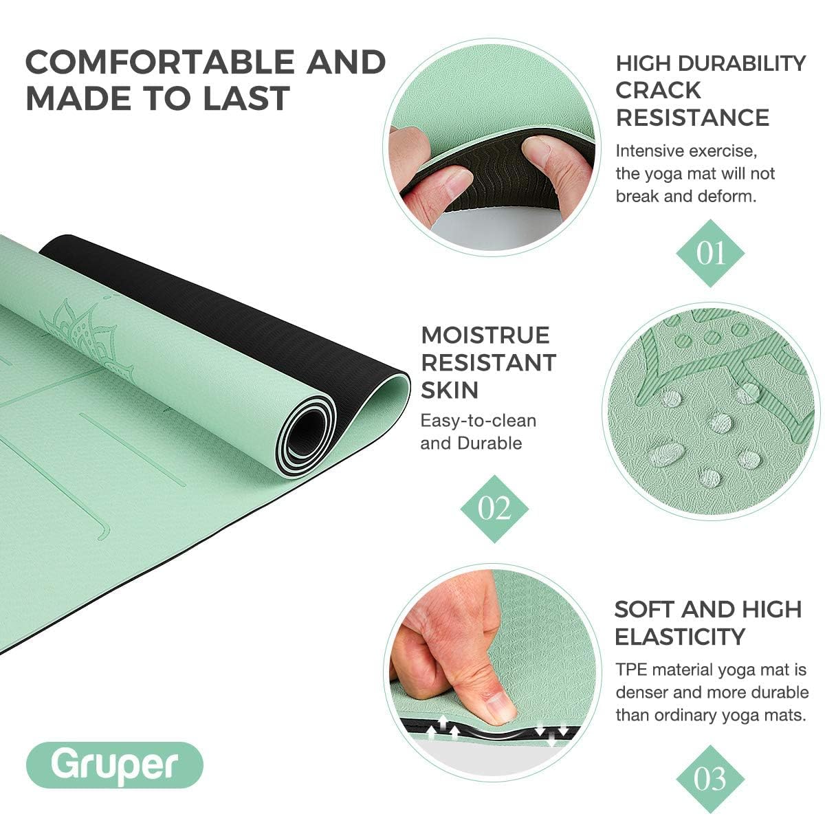 Gruper Yoga Mat Non Slip TPE Extra Wide Yoga Mat with Alignment Mark, 72"L x 32"W x 0.32"/0.24"Th (183cm x 80cm x 8mm/6mm), Anti-Tear Exercise Mat with Carrying Strap and Bag, Workout Mats for Yoga, Pilates