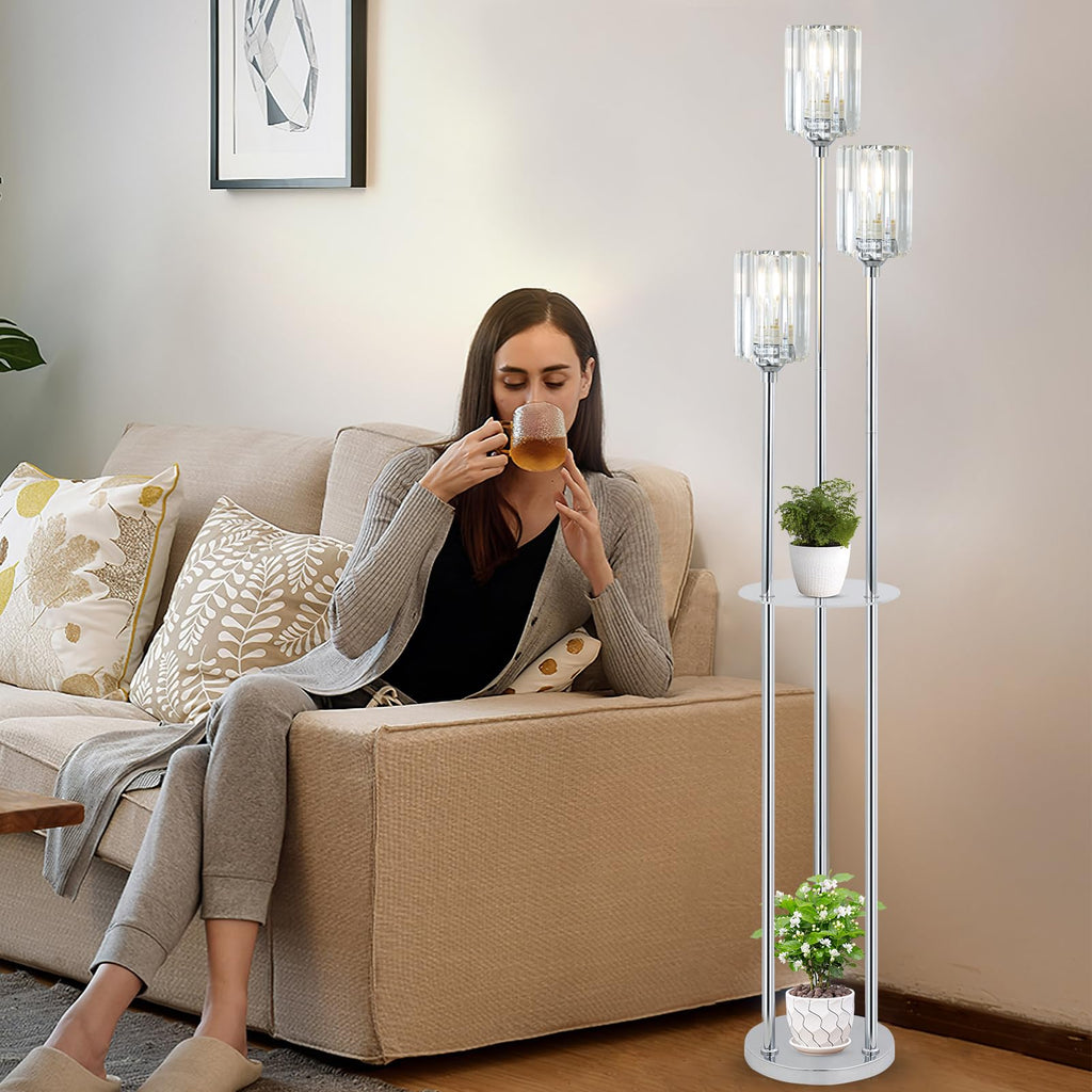 HMVPL Gold Floor Lamps for Living Room, Modern Floor Lamp with Shelves, Crystal Standing Lamps with Table, Brass Tall Lamp with Crystal Shade, On/Off Switch, Mid Century Corner Floor Lamp for Bedroom