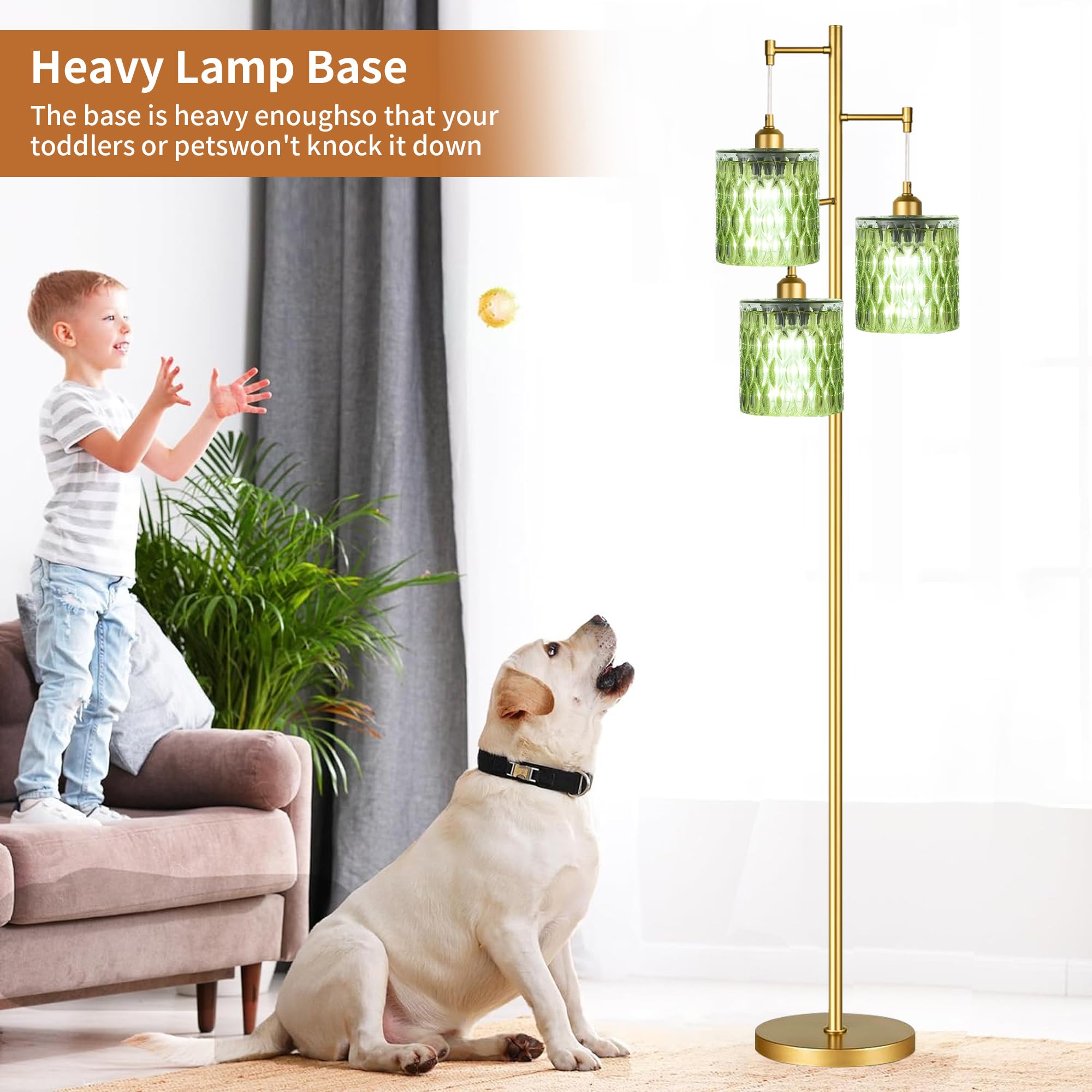 AHDWDW Gold Floor Lamp for Living Room Bedroom,Modern Floor Lamps with Unique Amber Glass Shades,68IN Mid Century Tall Flower Standing Lamp,Vintage 3 Lights Tree Floor Lamp for Corner Office Reading
