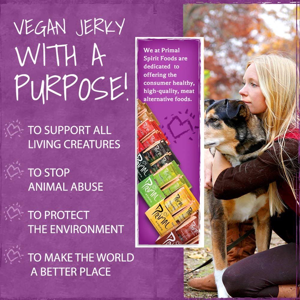 Primal Spirit Vegan Jerky - Our Sampler Pack, 10g. Plant Based Protein, Certified Non-GMO ("The Classics" Thai Peanut, Mesquite Lime, Teriyaki, Hot & Spicy, Hickory Smoked, & Texas BBQ, 12-Pack, 1 oz)