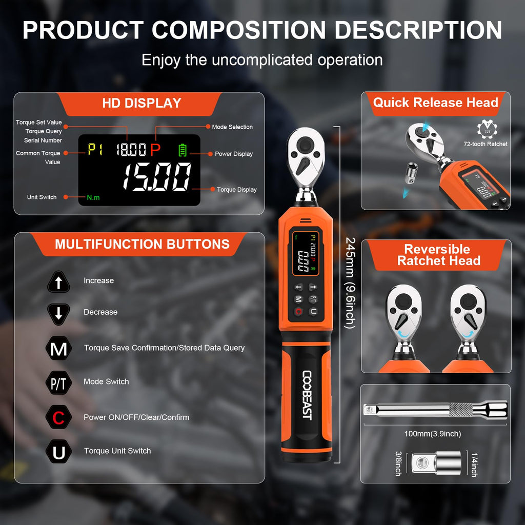 Digital Torque Wrench, 1/2 Drive Electronic Torque Screwdriver with Preset Value(3.76-250.8 Ft.lbs./5.1-340Nm), Buzzer and LED Flash Five Units of Measure Torque Wrench for Motorcycle, Auto Repair